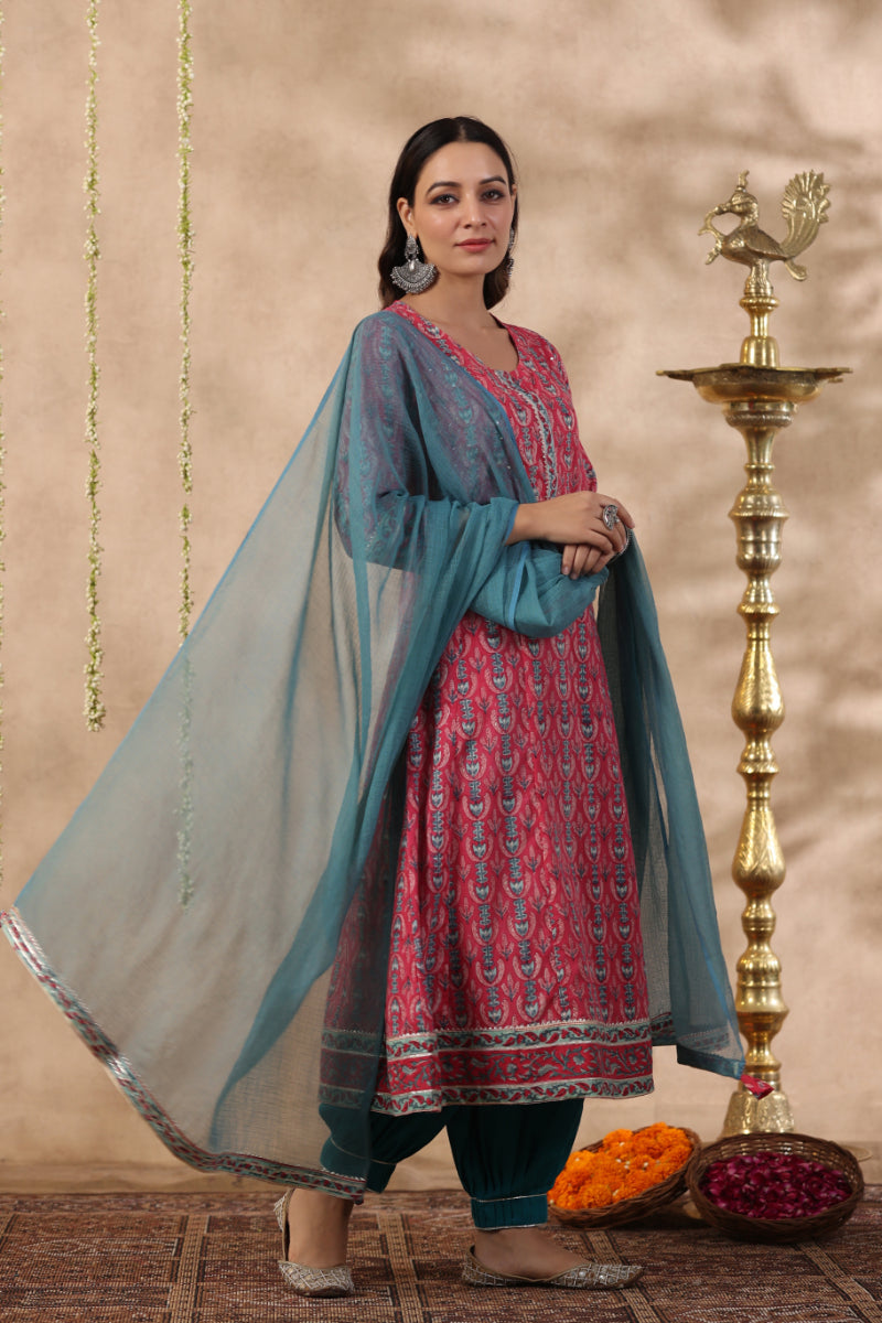 Shuddhi Pink and teal green kurta and duppata set