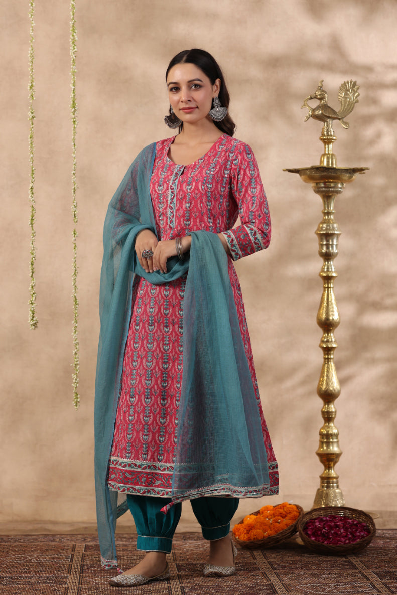 Shuddhi Pink and teal green kurta and duppata set