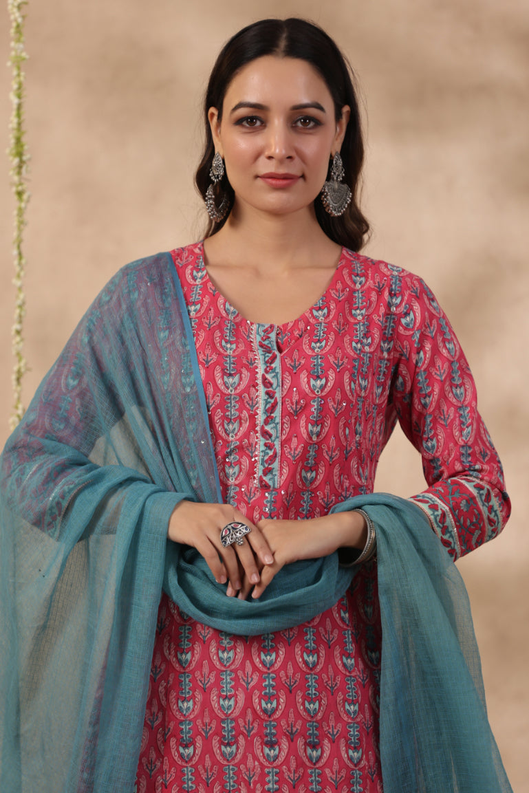 Shuddhi Pink and teal green kurta and duppata set