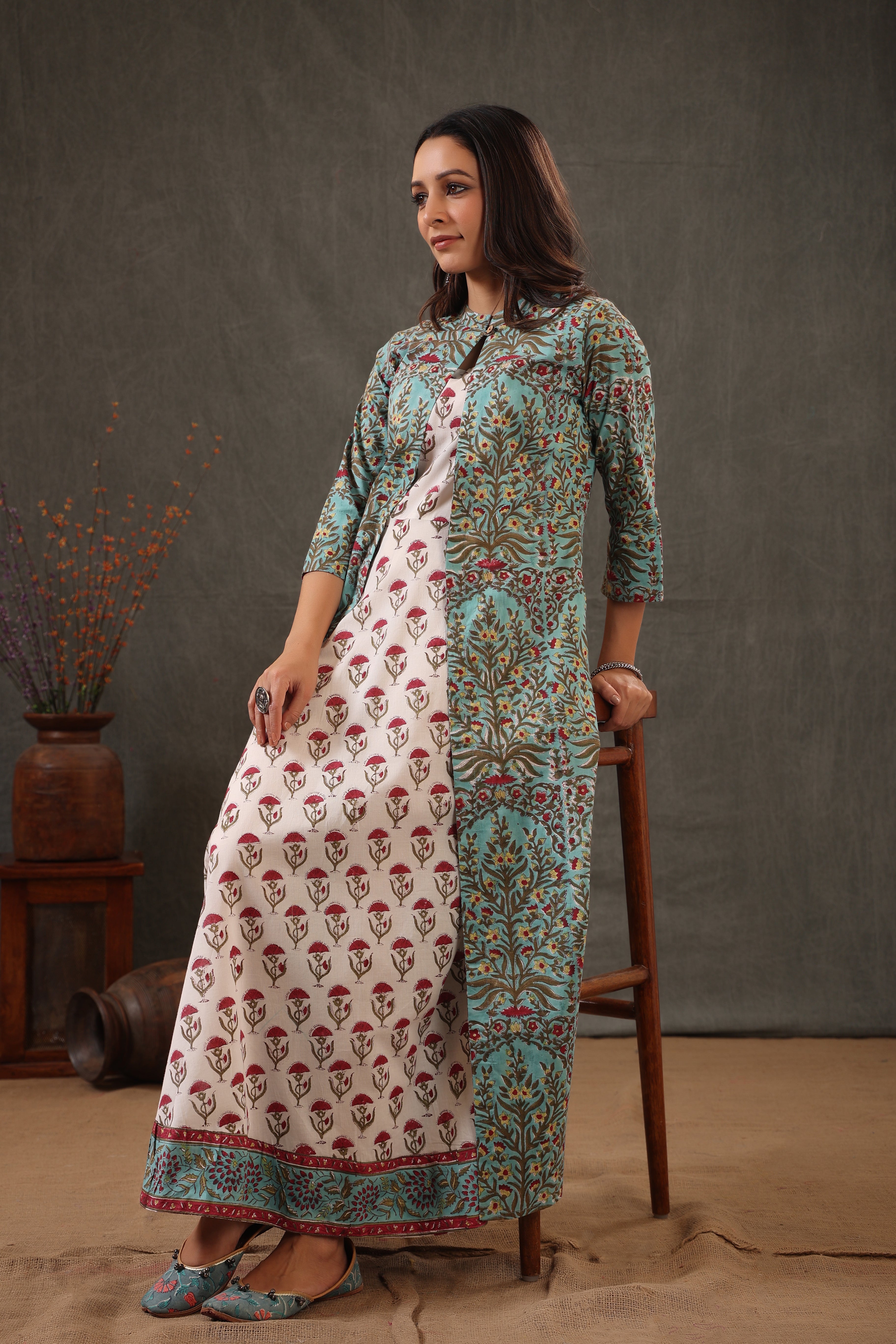 Mint green and scarlet red double layered dress