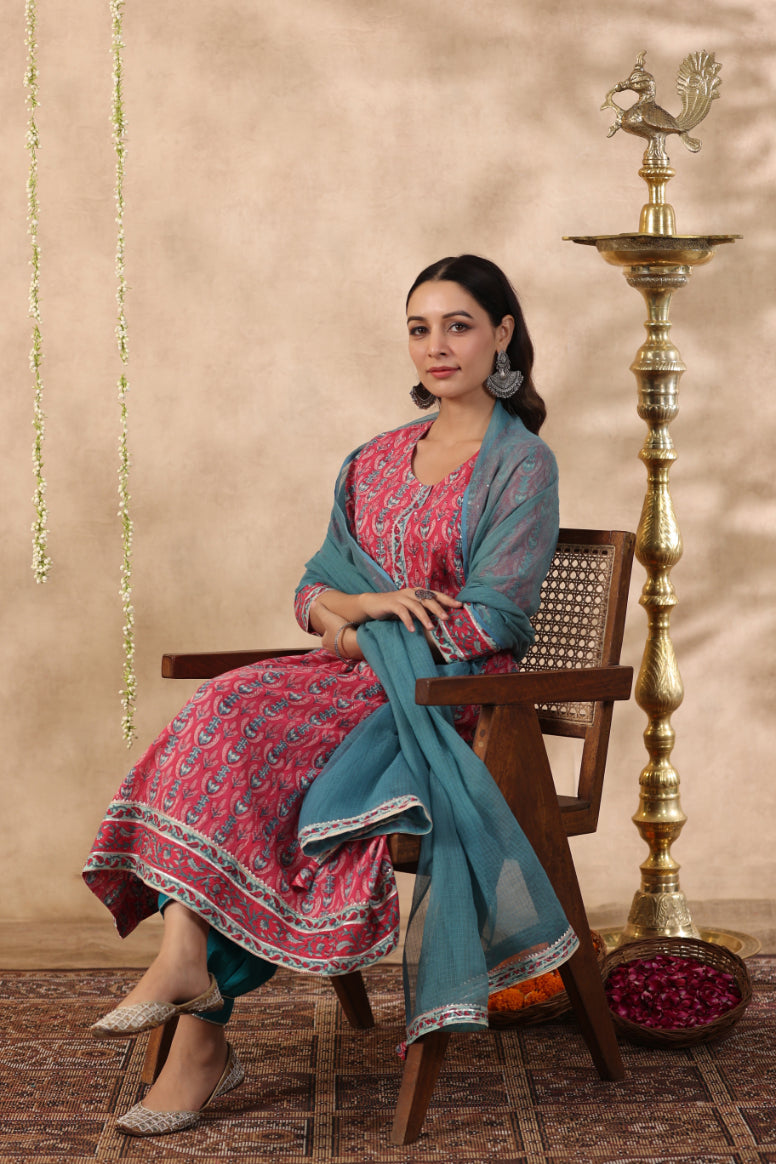 Shuddhi Pink and teal green kurta and duppata set