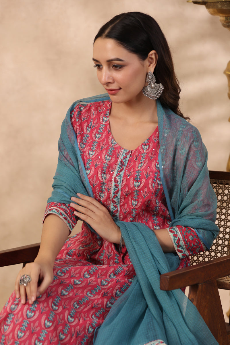 Shuddhi Pink and teal green kurta and duppata set
