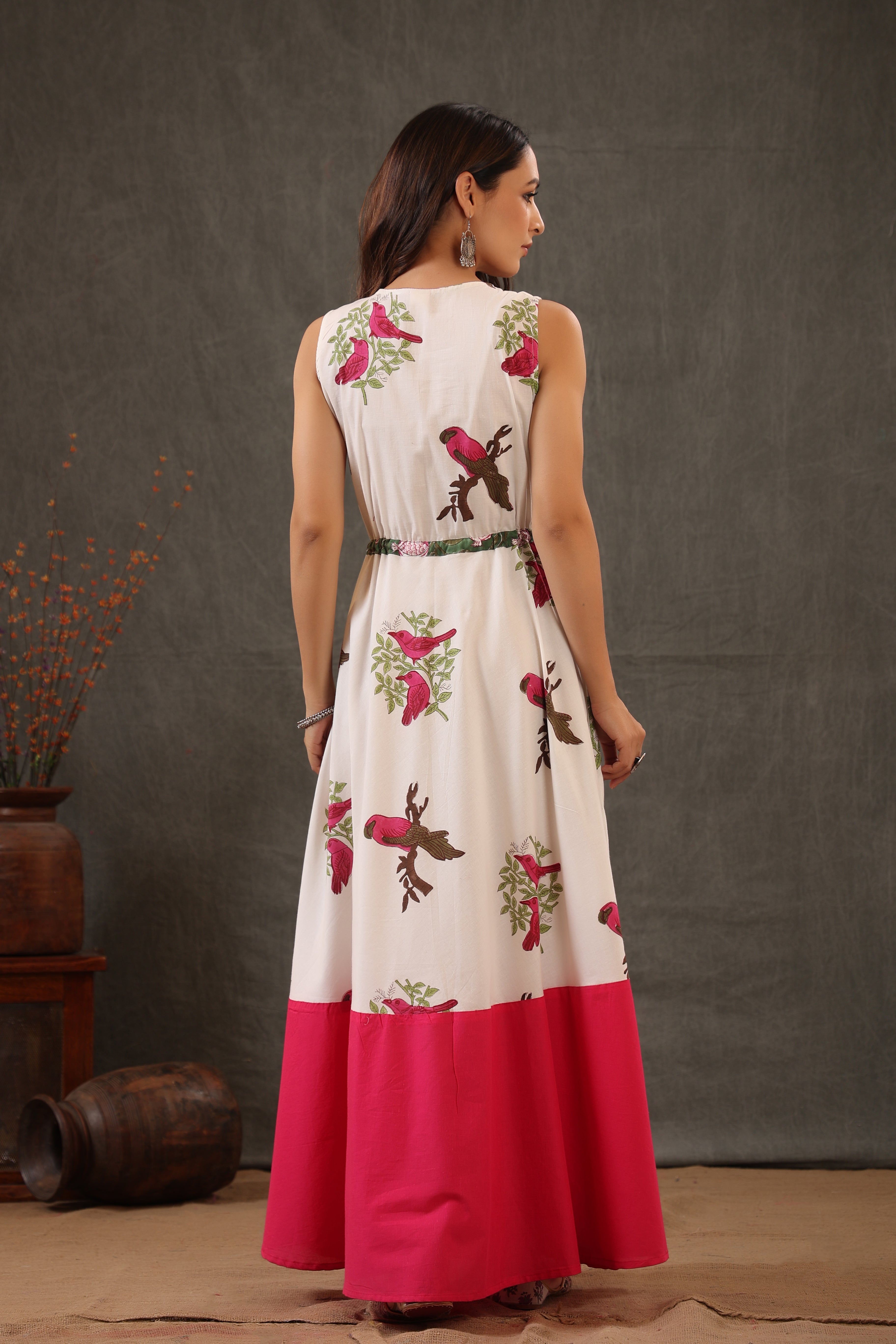 Parrot Green and Fuscia pink double layered dress