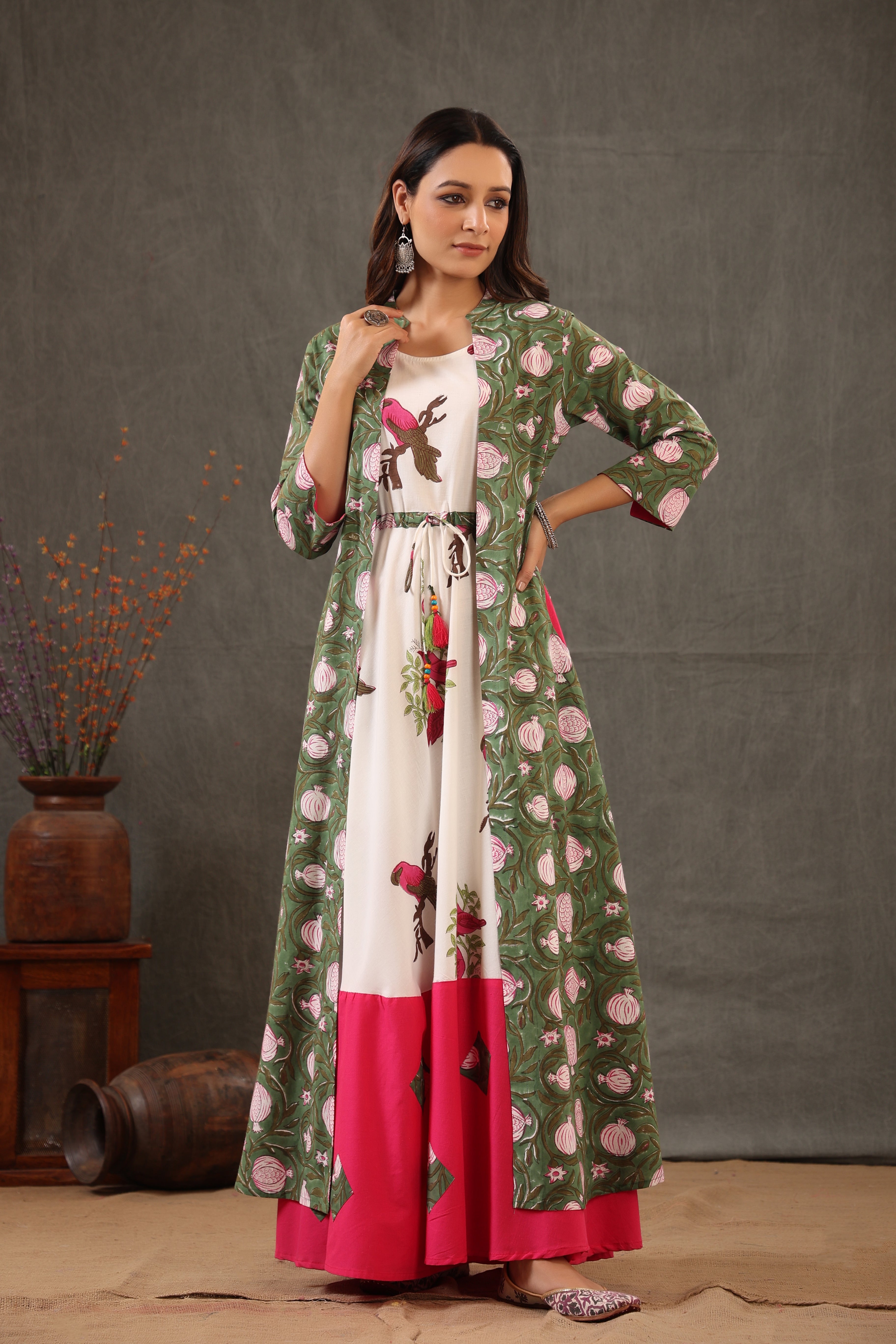 Parrot Green and Fuscia pink double layered dress
