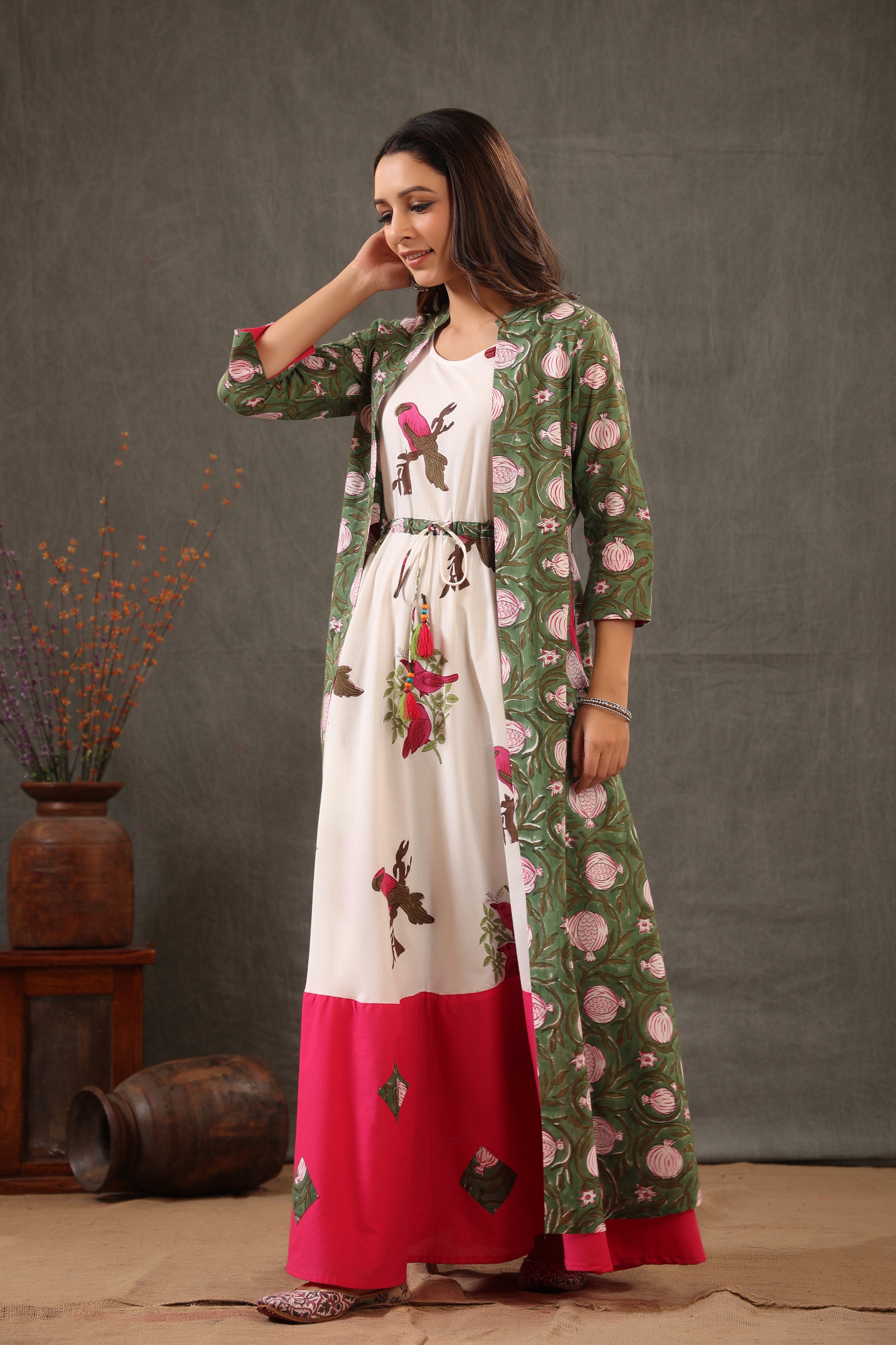 Parrot Green and Fuscia pink double layered dress