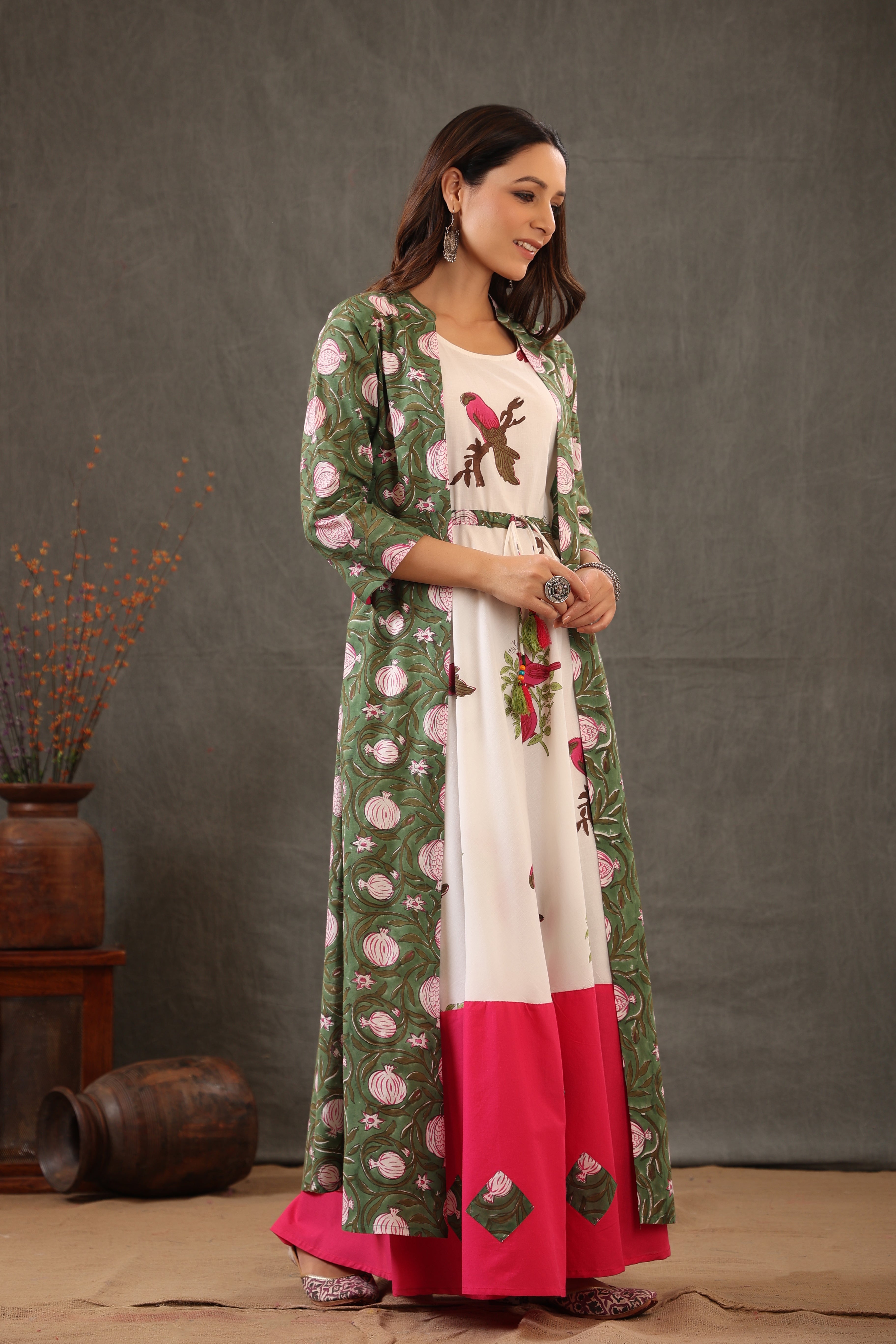 Parrot Green and Fuscia pink double layered dress