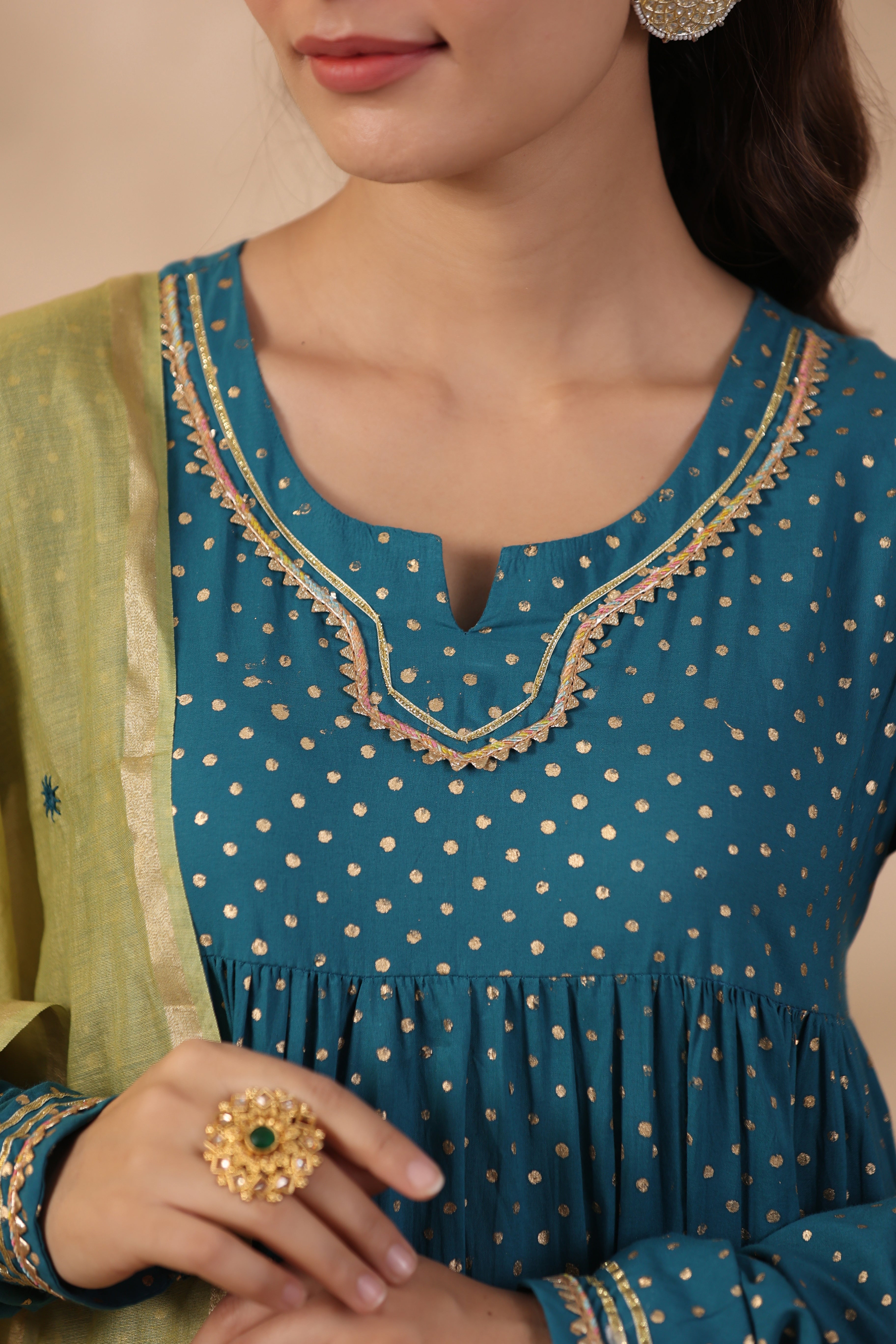 Shuddhi Teal Green tier kurta with chuddidar and duppatta