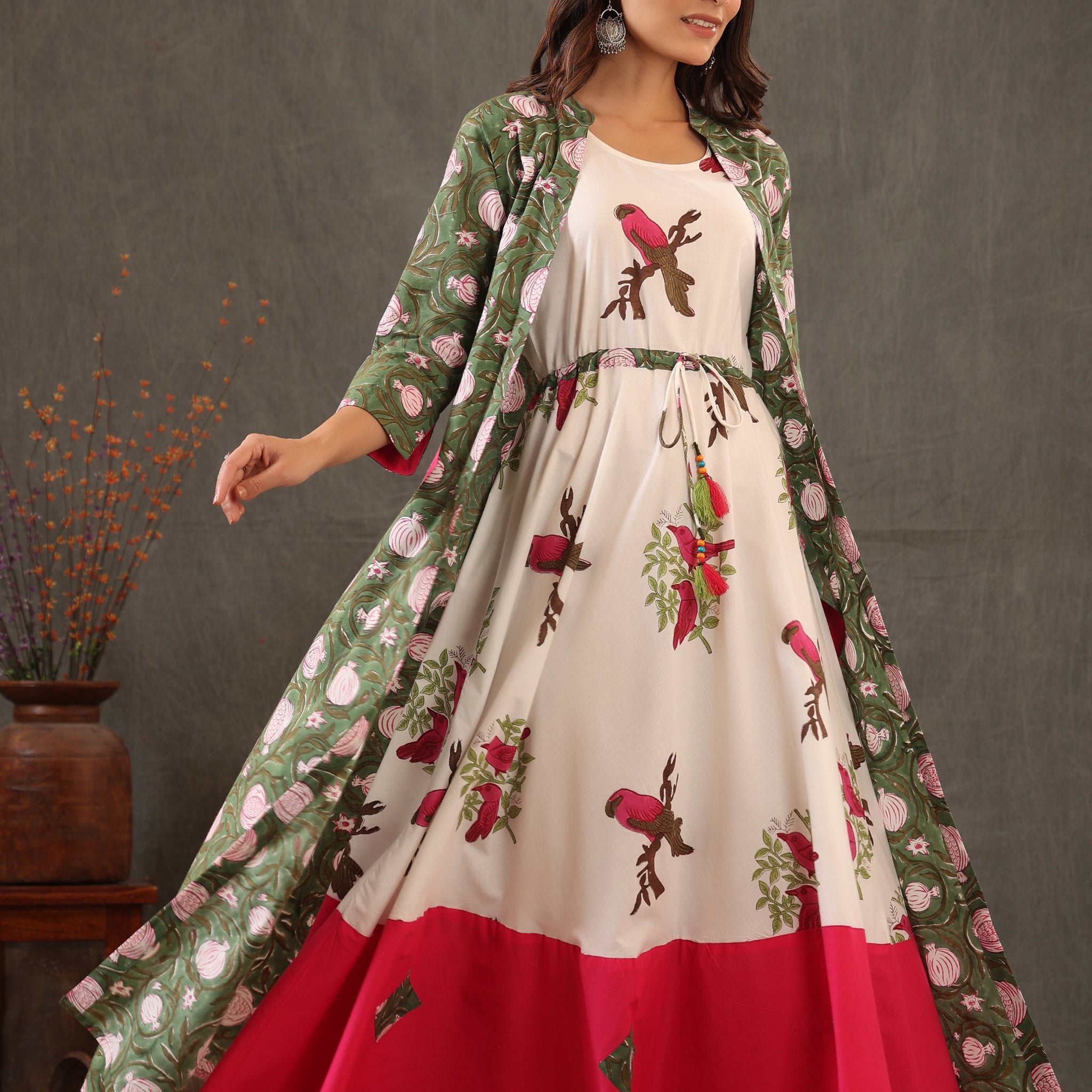 Parrot Green and Fuscia pink double layered dress