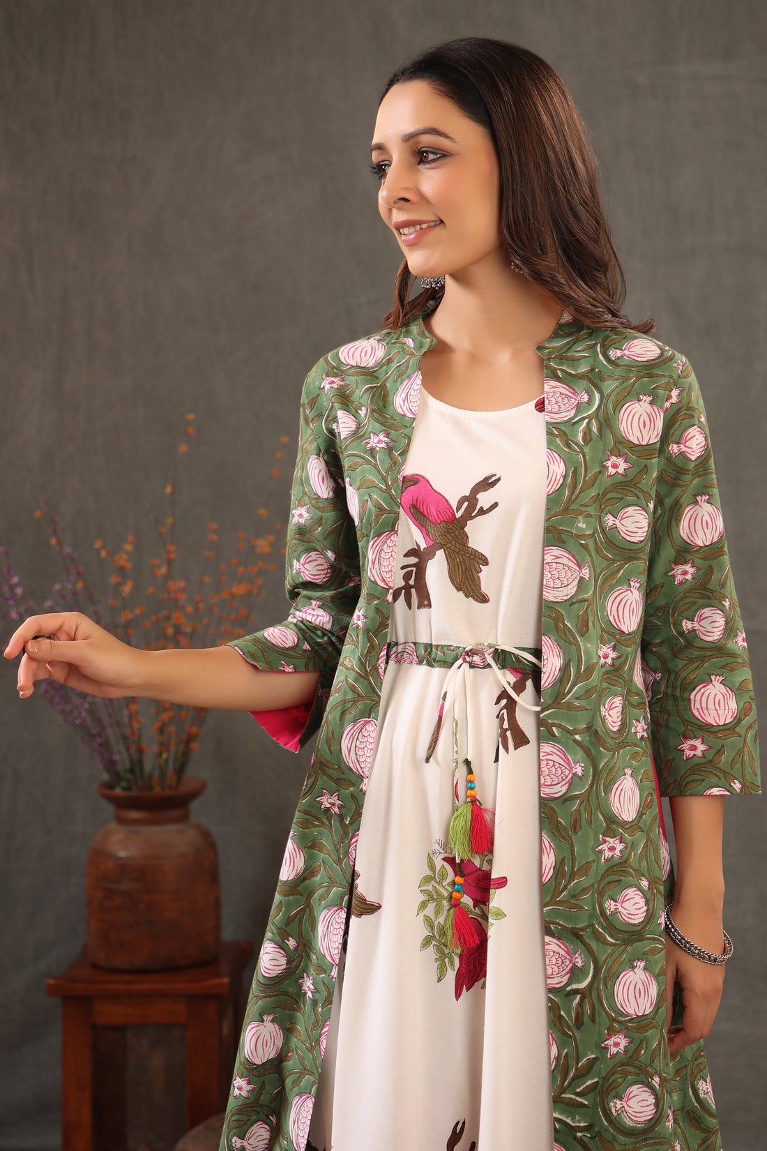 Parrot Green and Fuscia pink double layered dress