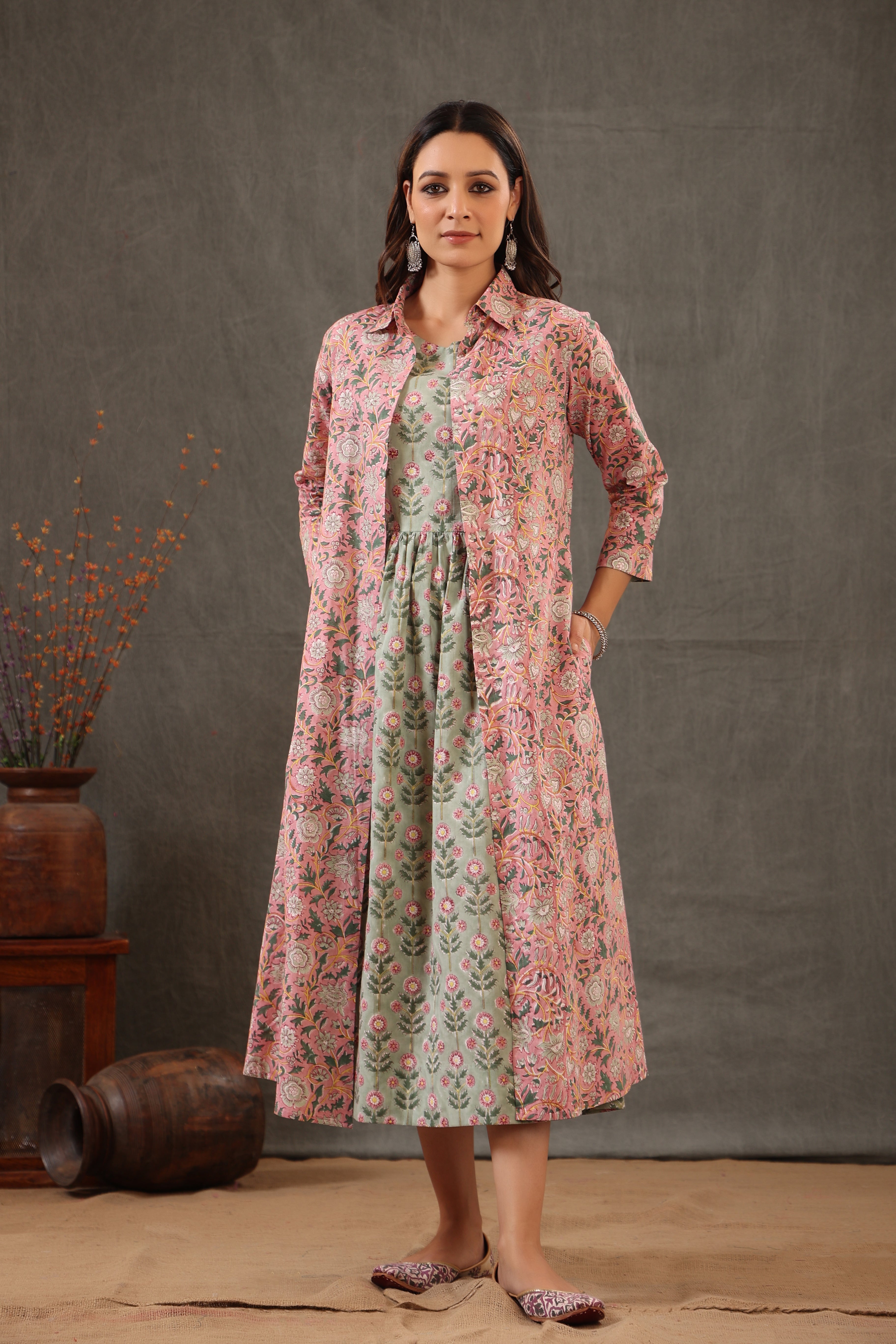 Salmon Pink with Mint Green Double Layered Dress