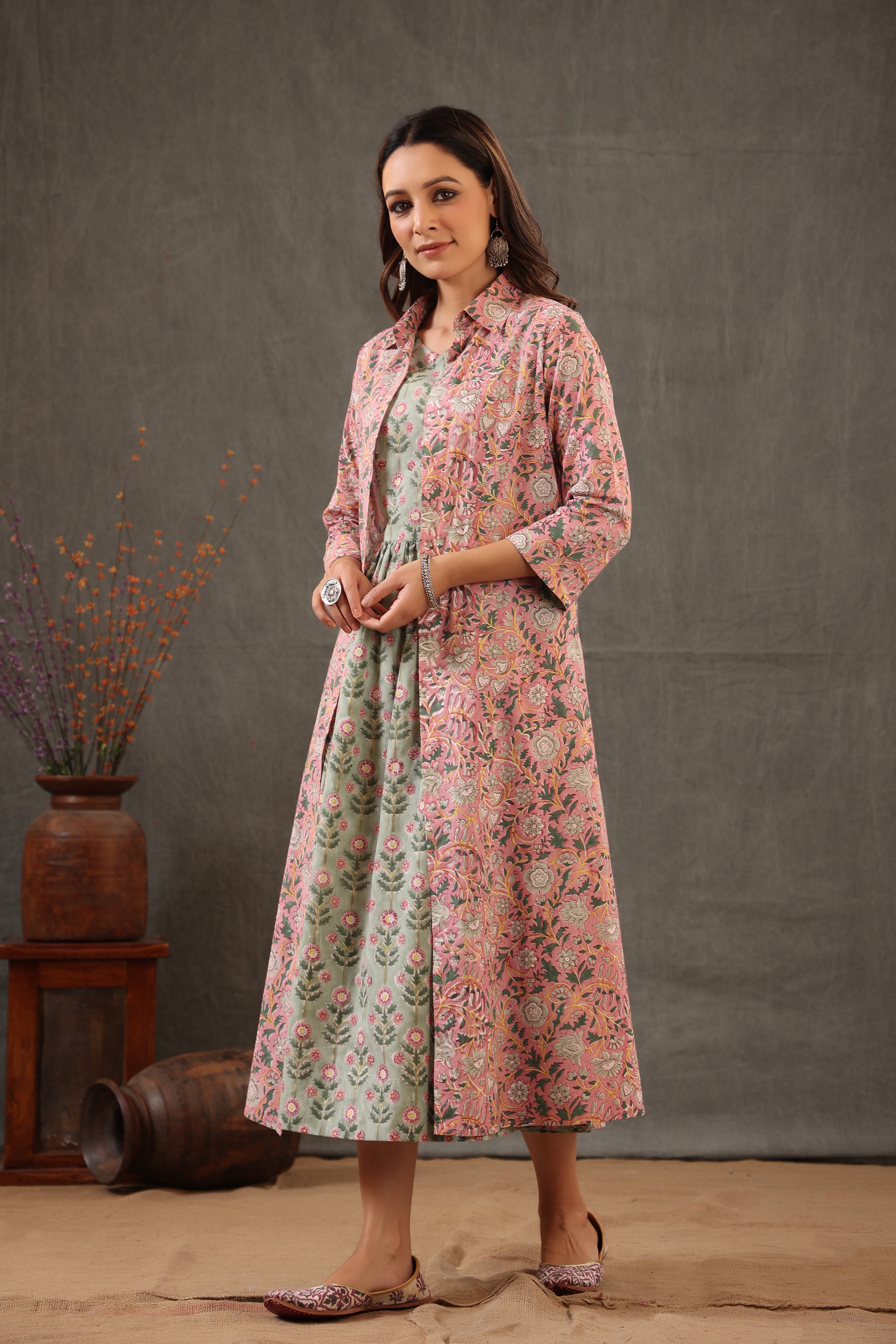 Salmon Pink with Mint Green Double Layered Dress