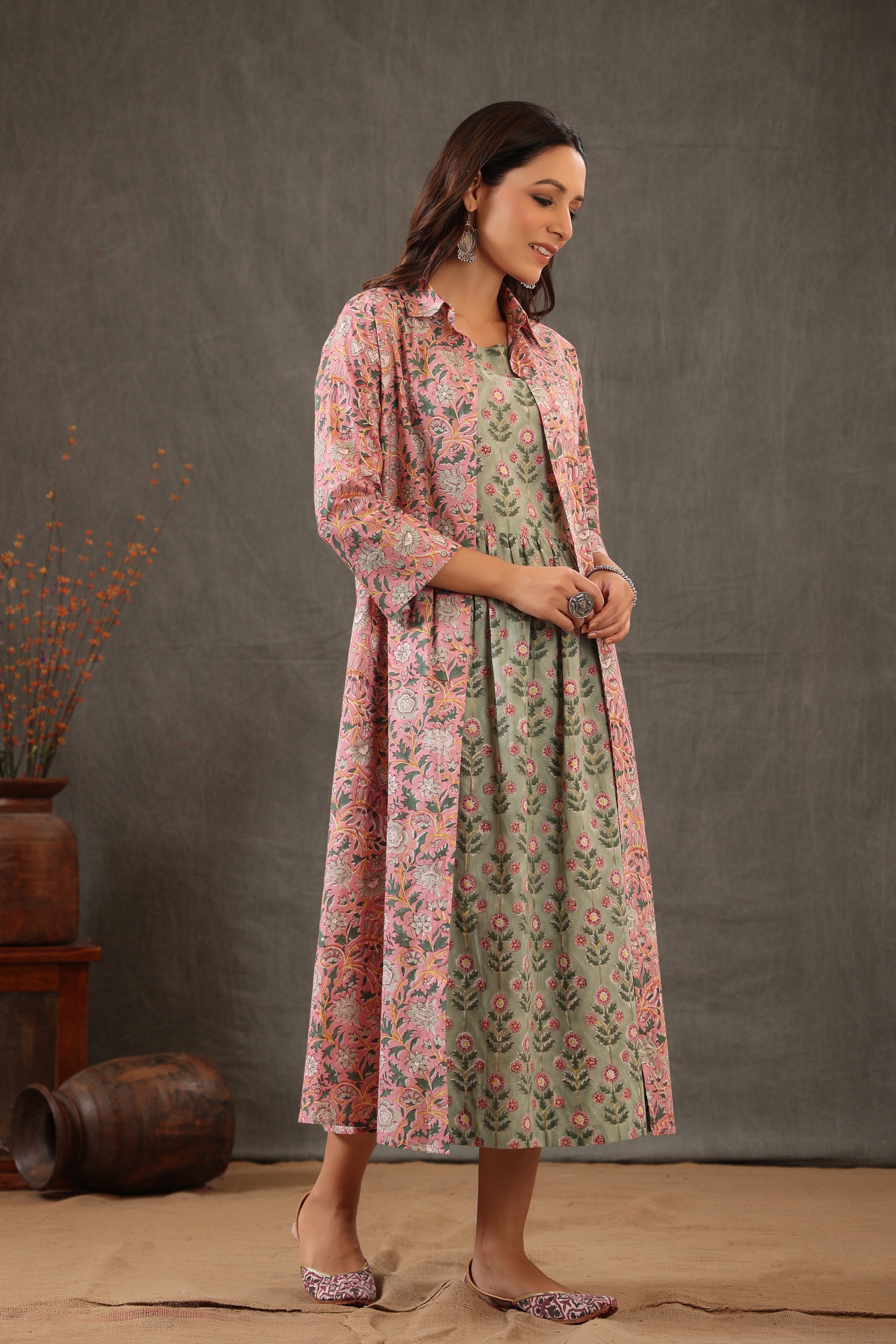 Salmon Pink with Mint Green Double Layered Dress