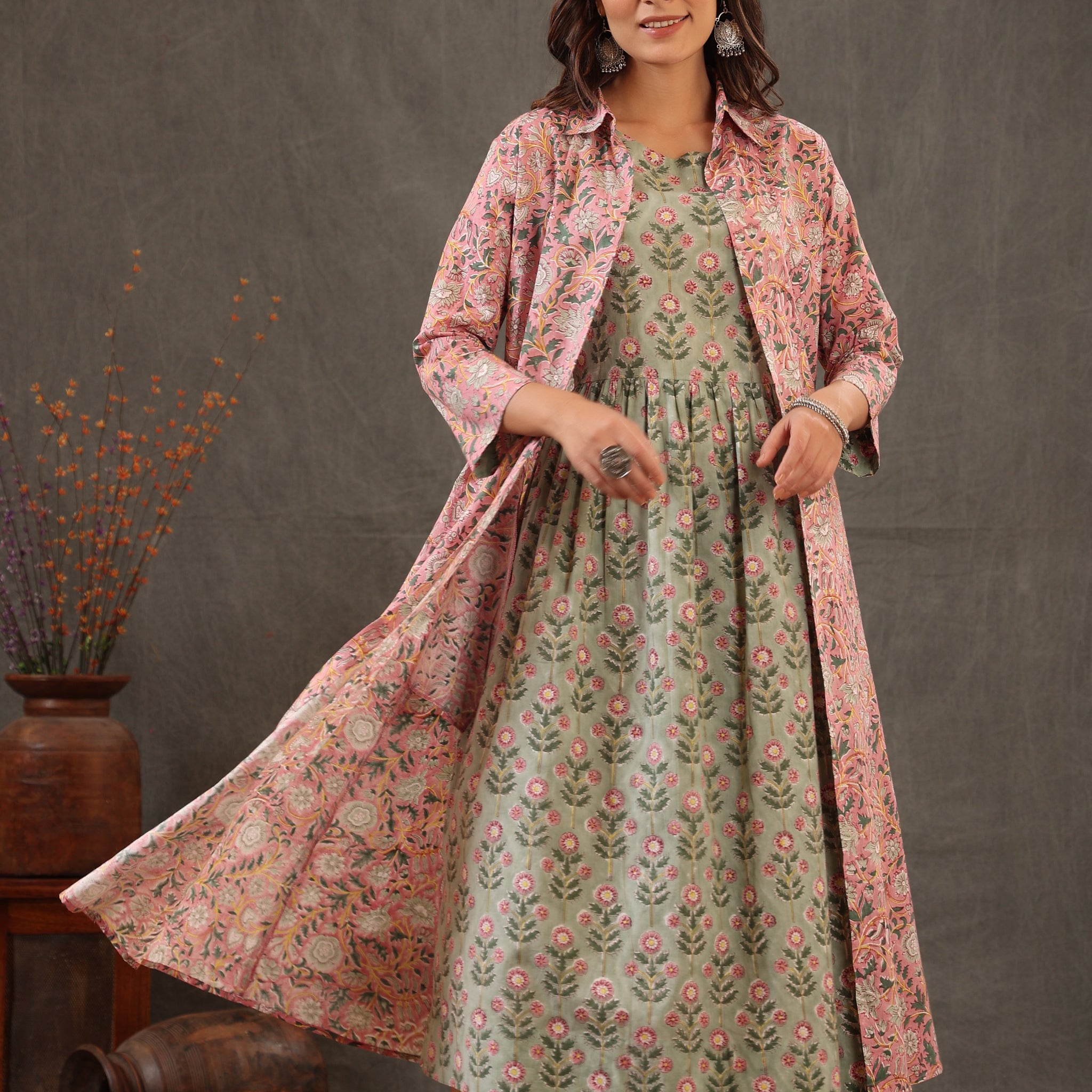 Salmon Pink with Mint Green Double Layered Dress