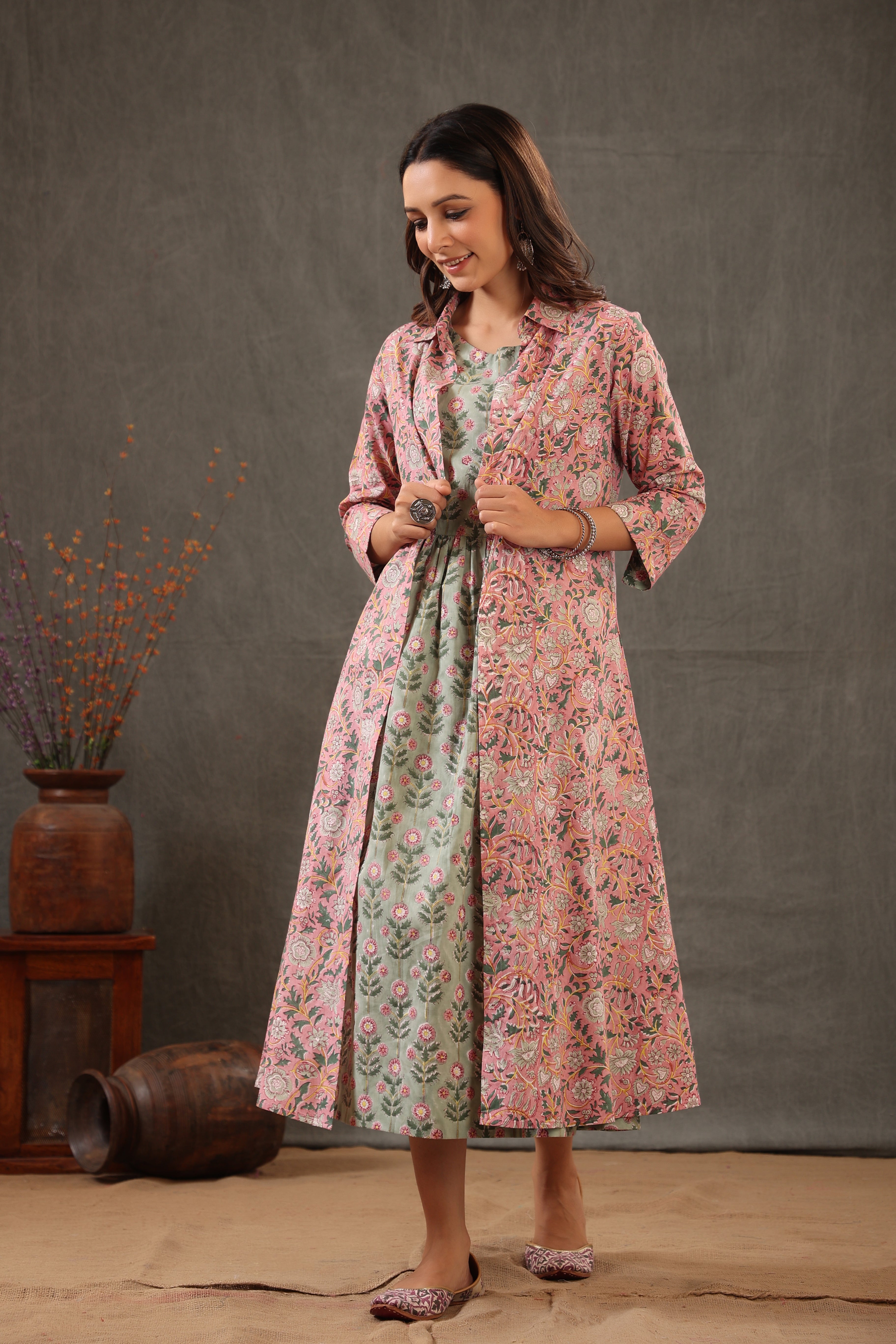 Salmon Pink with Mint Green Double Layered Dress