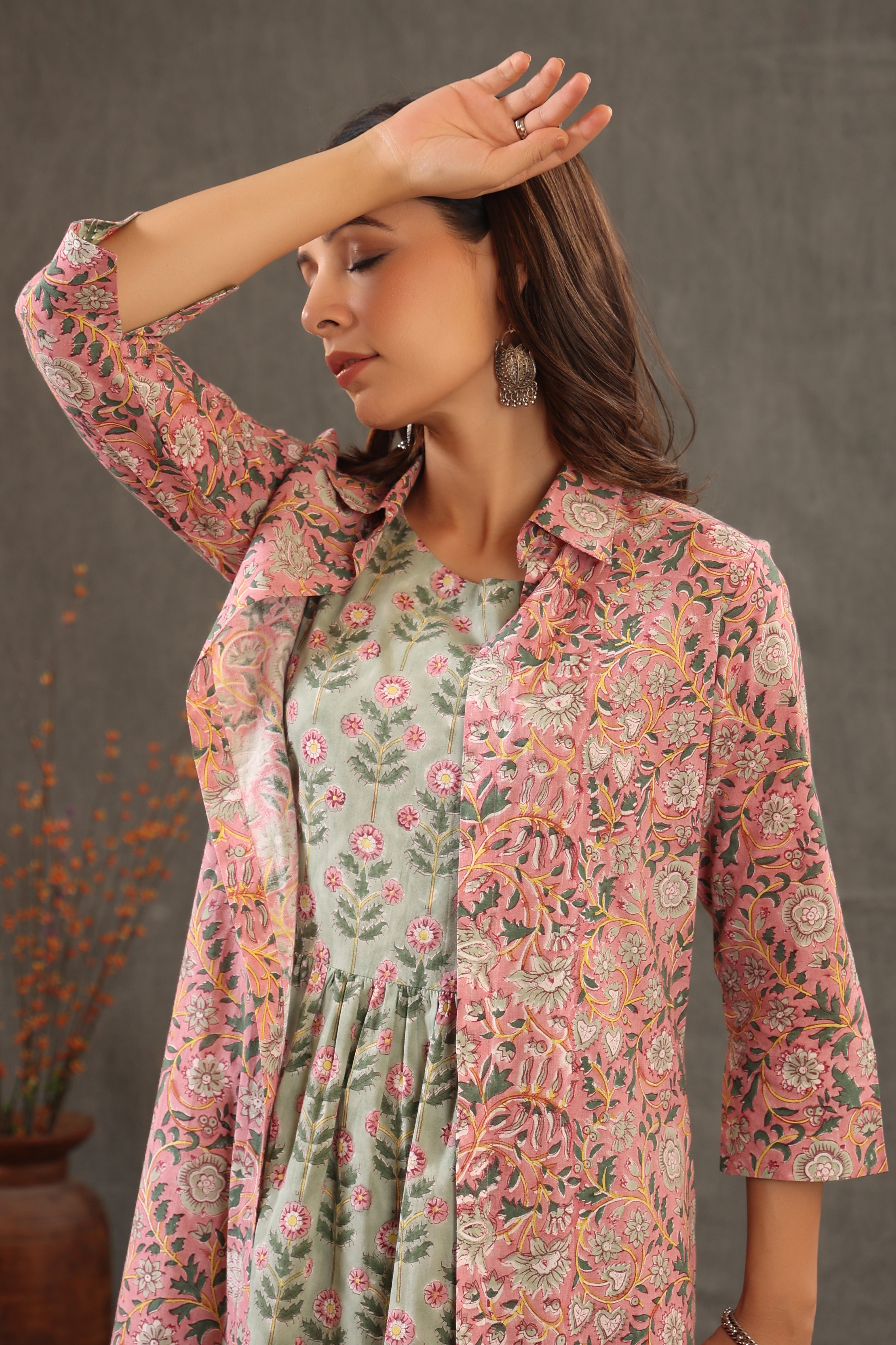 Salmon Pink with Mint Green Double Layered Dress