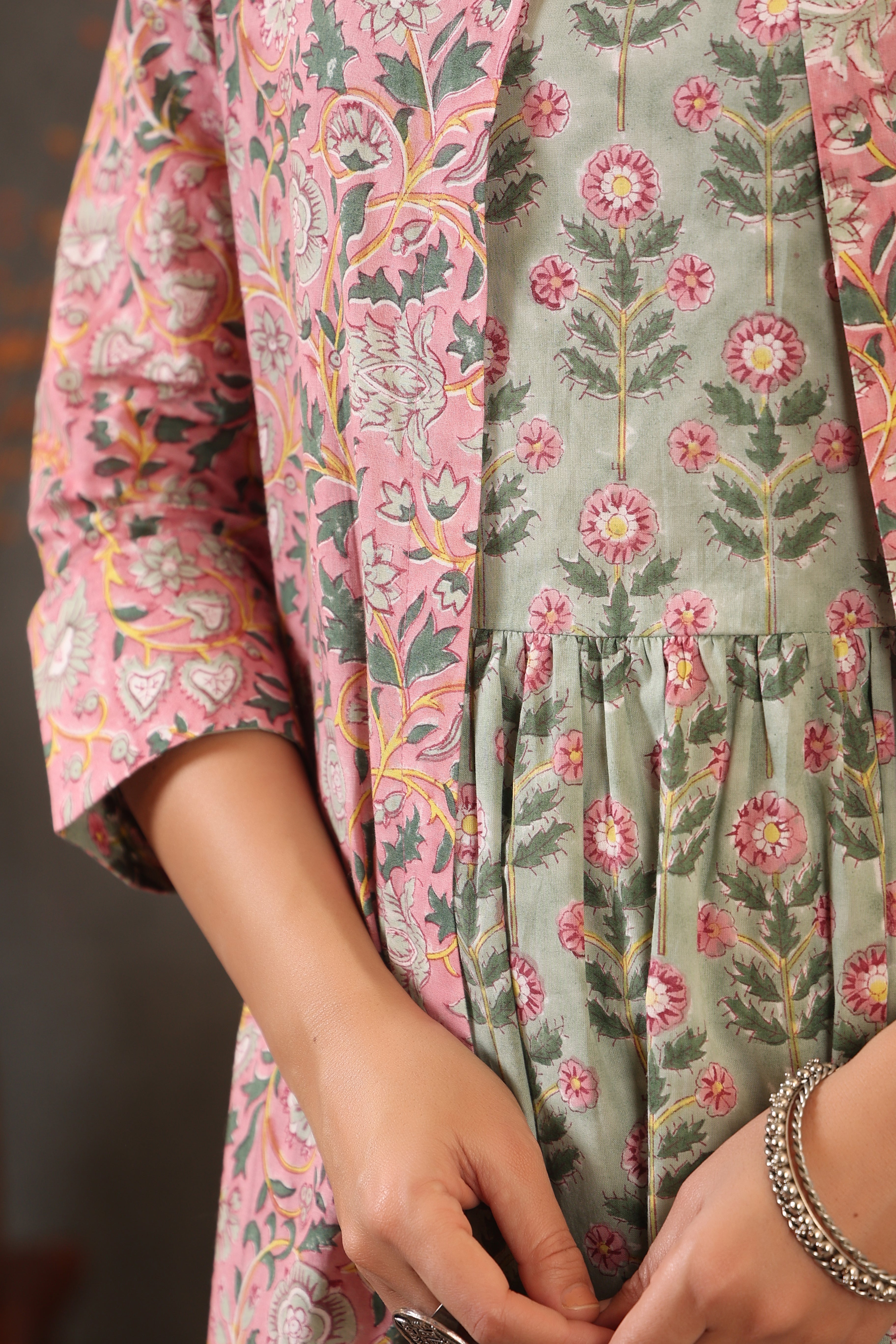 Salmon Pink with Mint Green Double Layered Dress