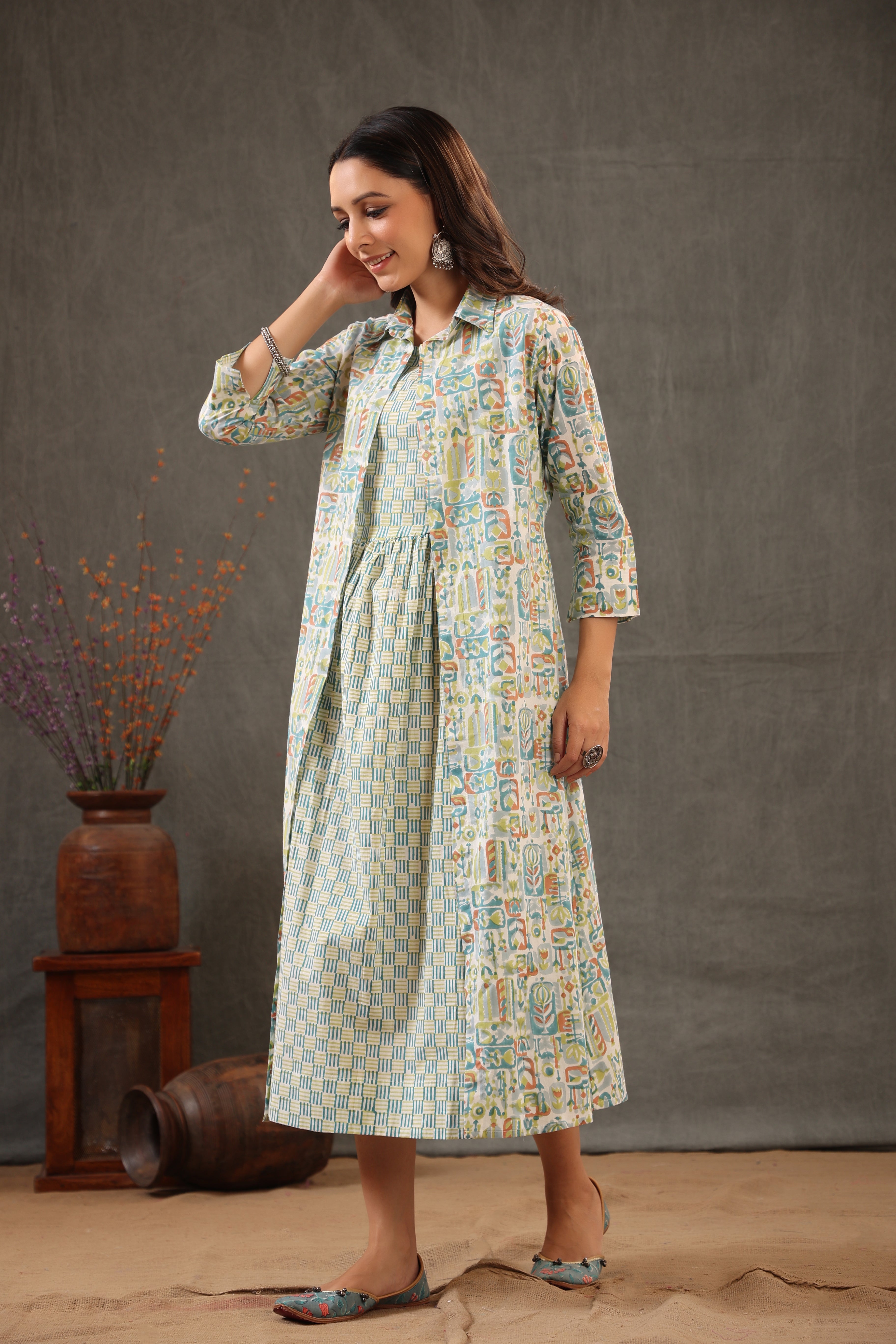Cerulean Blue with teal green Double layered dress