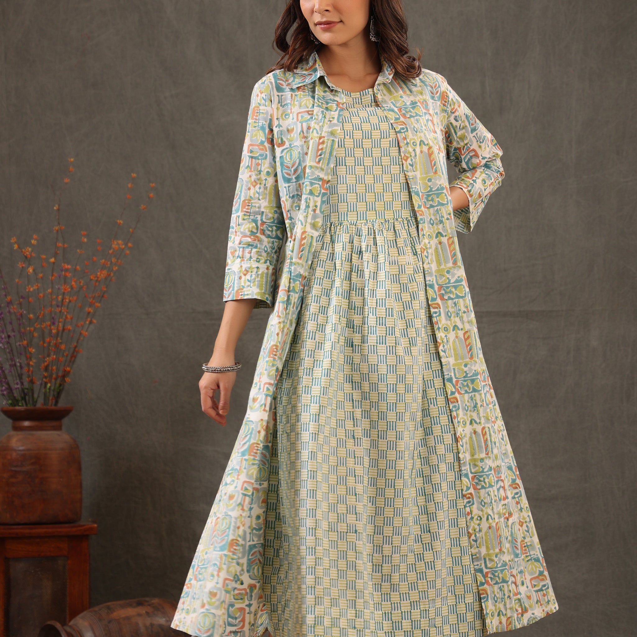 Cerulean Blue with teal green Double layered dress