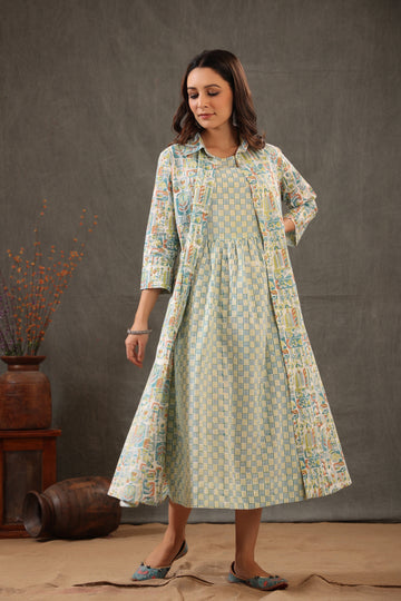 Cerulean Blue with teal green Double layered dress