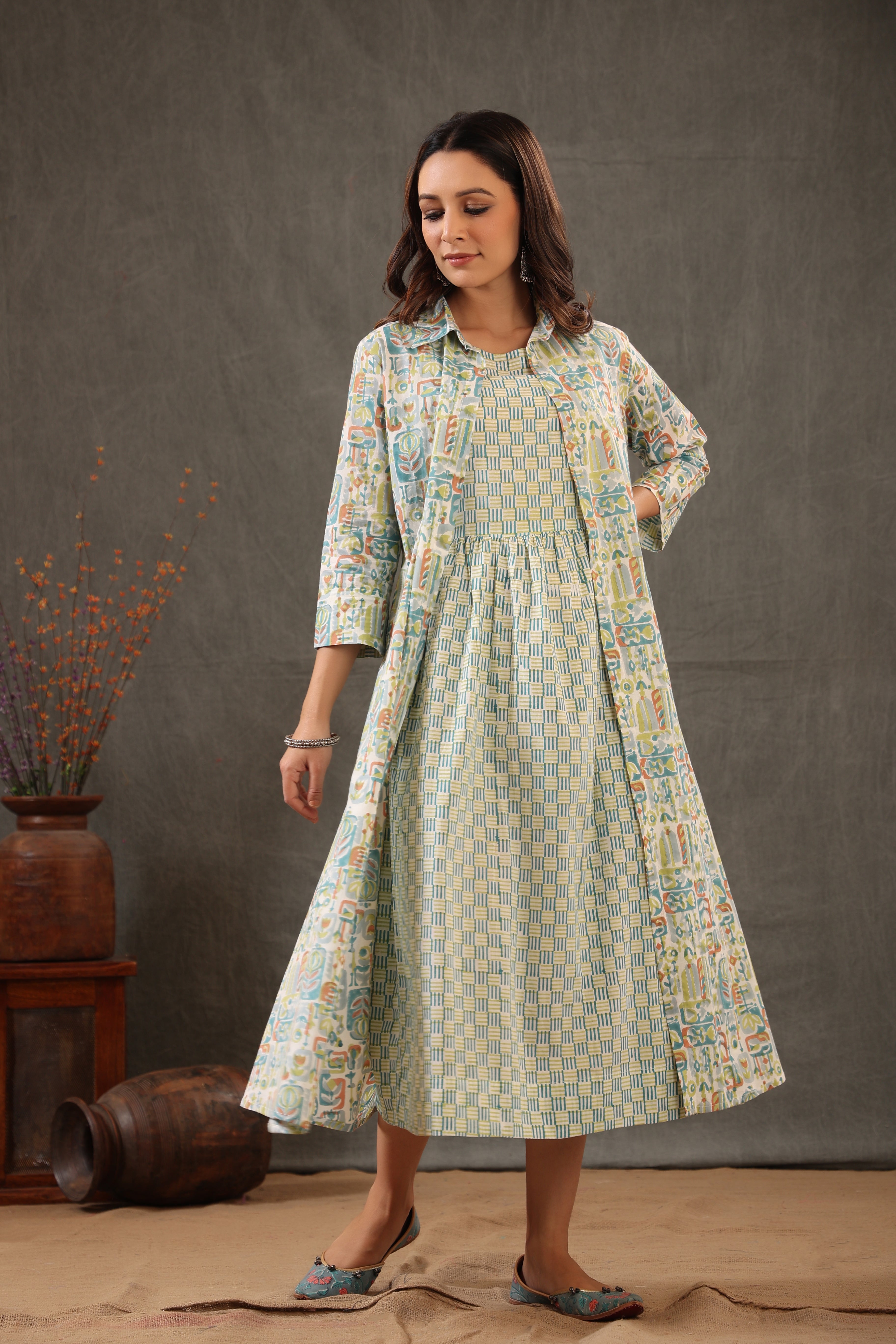 Cerulean Blue with teal green Double layered dress