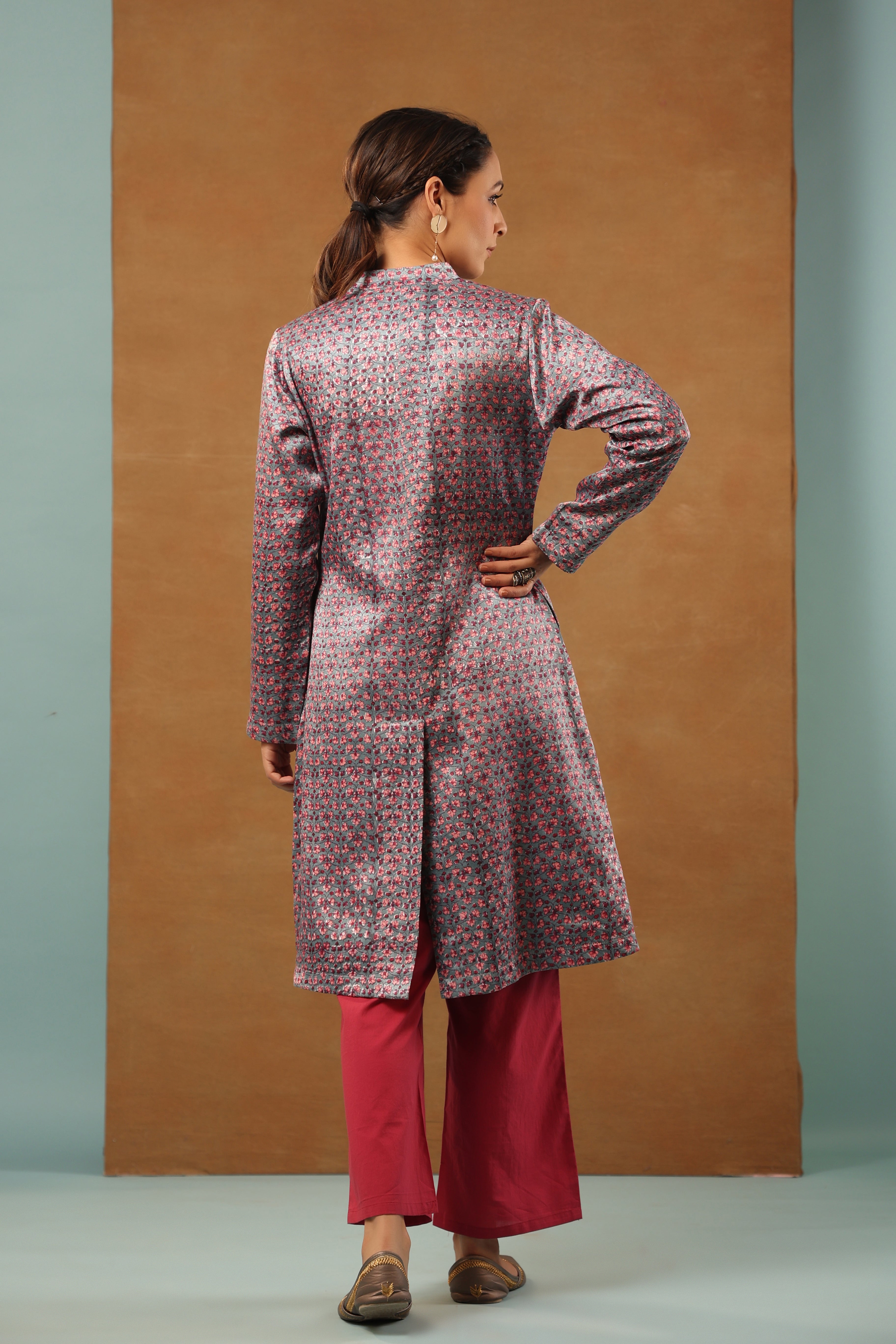 Stone Blue mashru silk long jacket