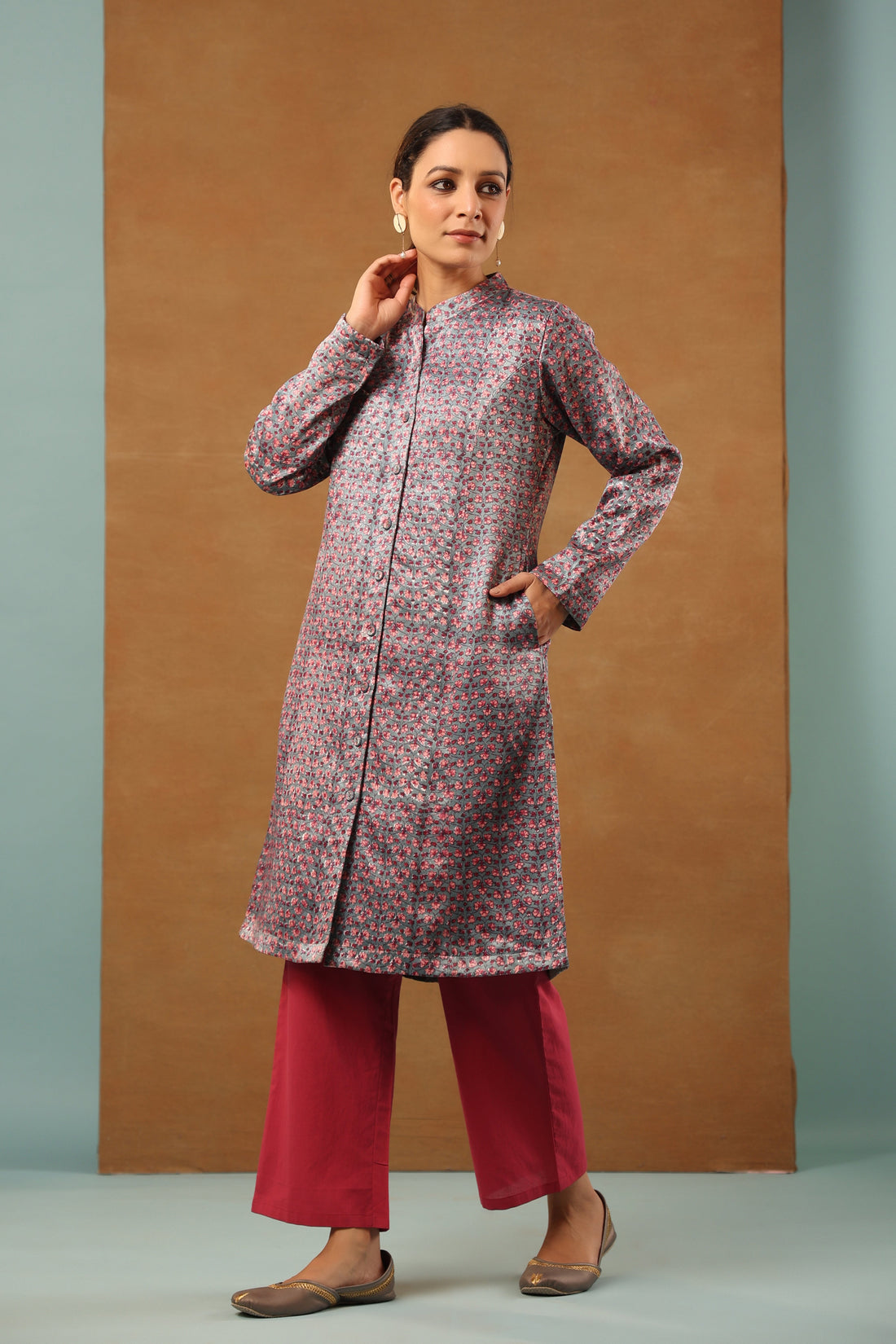 Stone Blue mashru silk long jacket