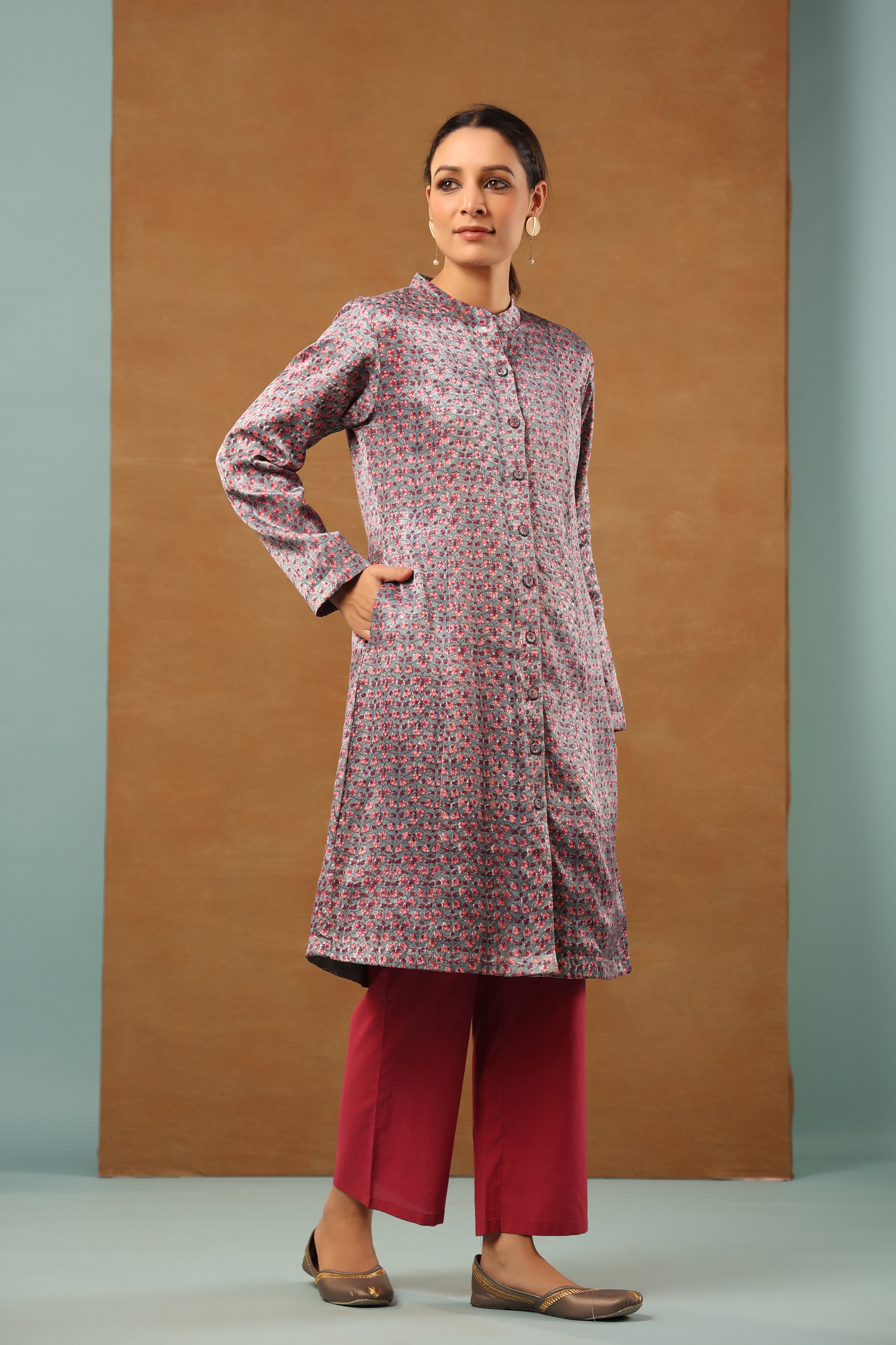 Stone Blue mashru silk long jacket