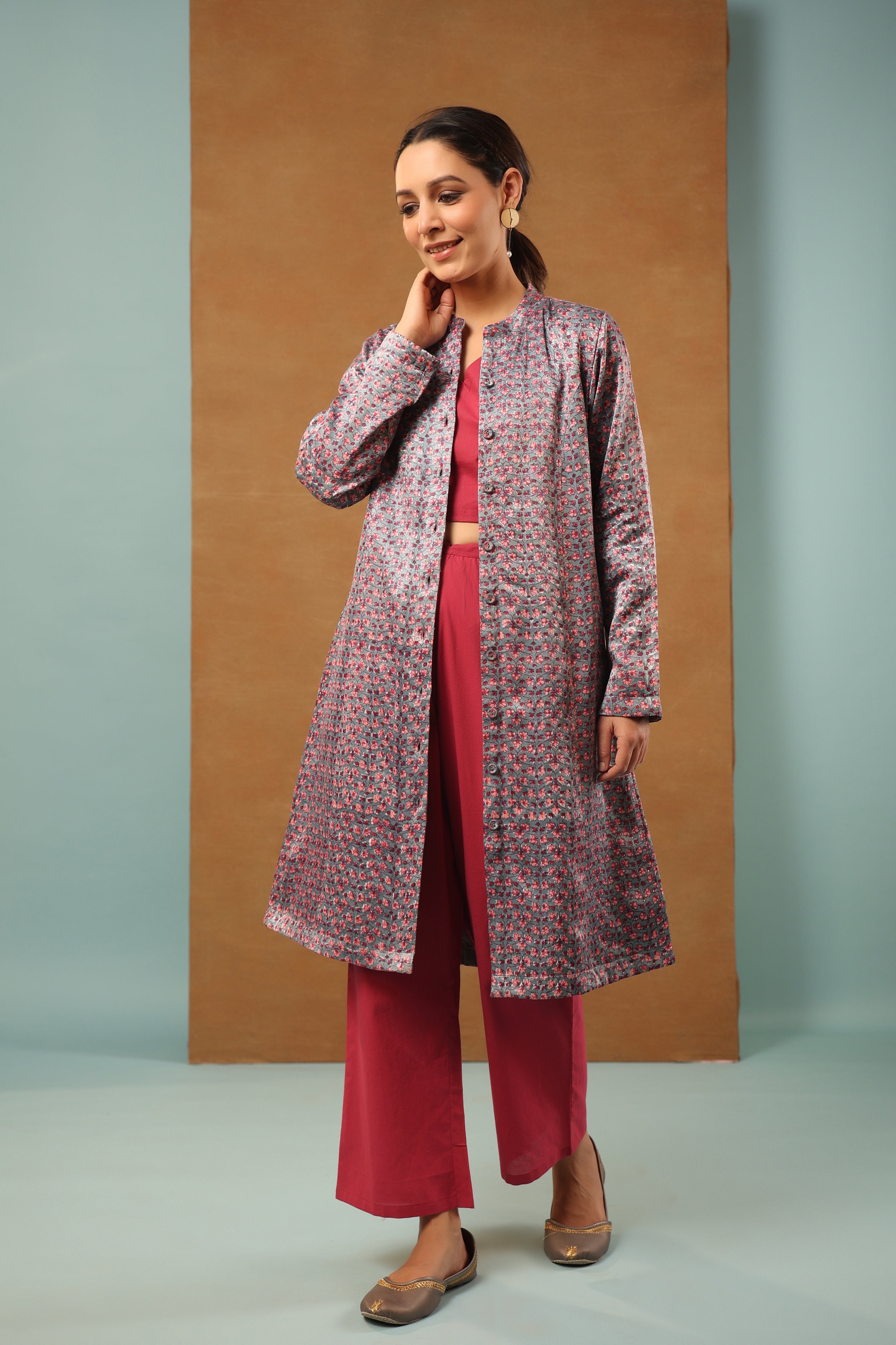 Stone Blue mashru silk long jacket
