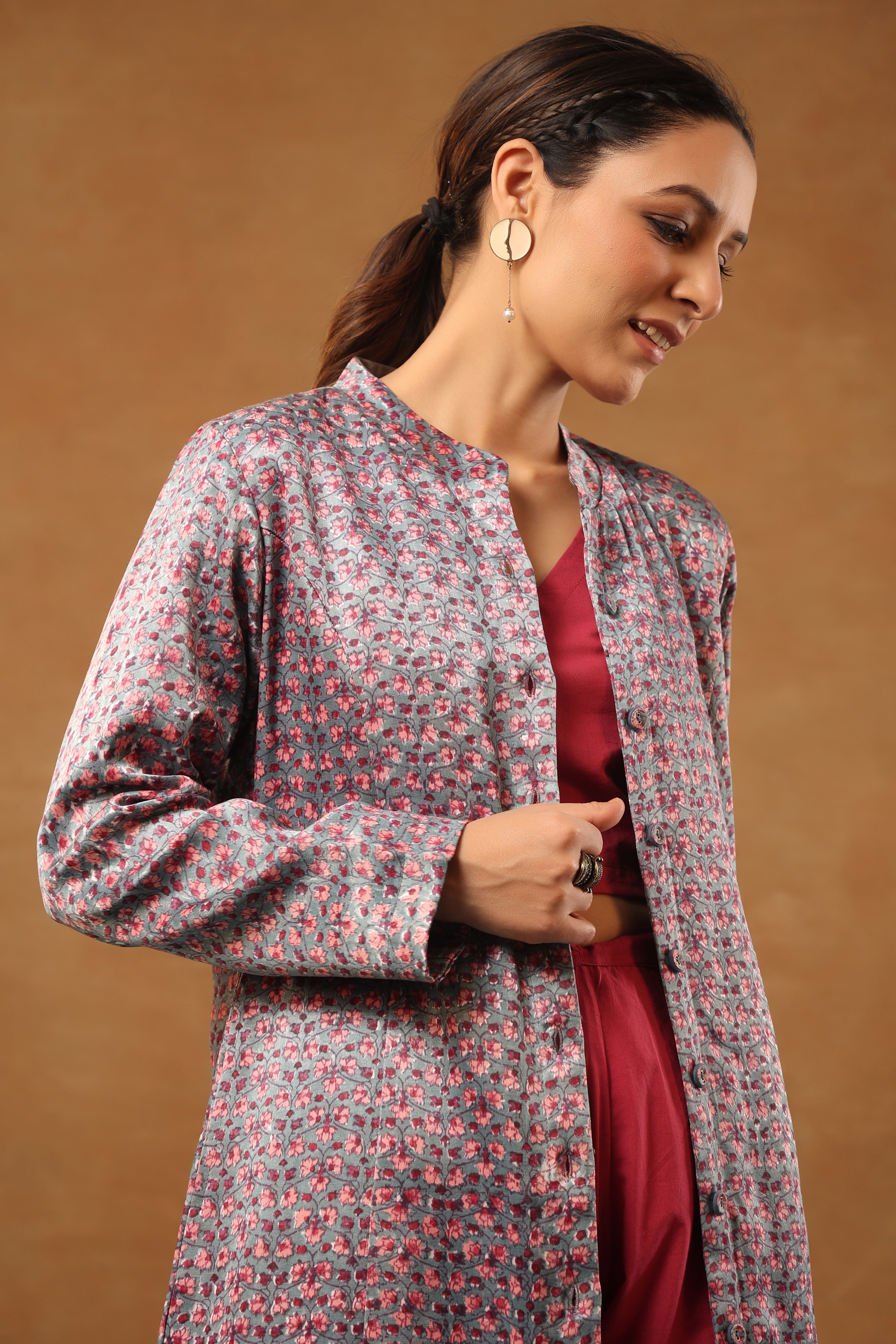 Stone Blue mashru silk long jacket