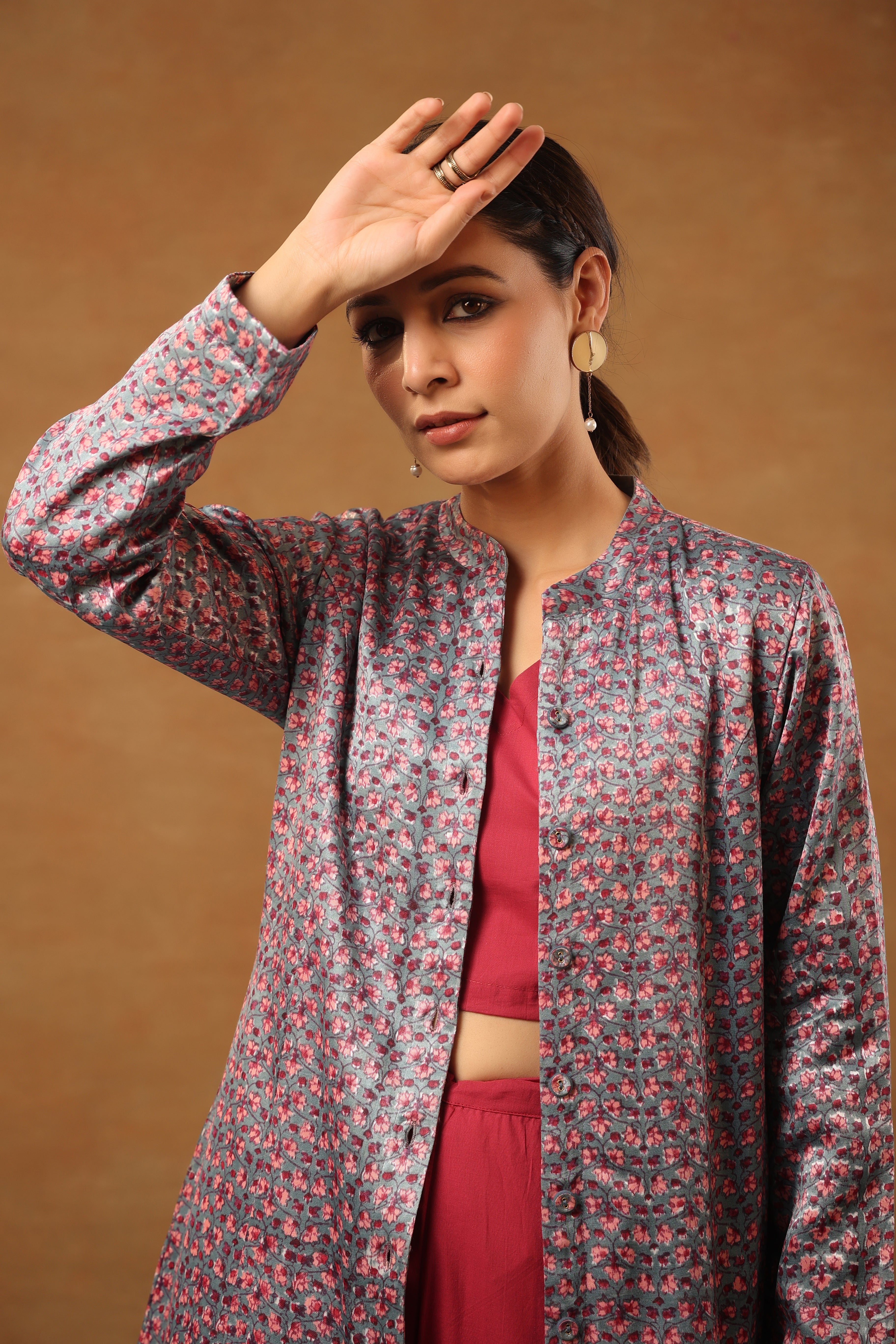 Stone Blue mashru silk long jacket