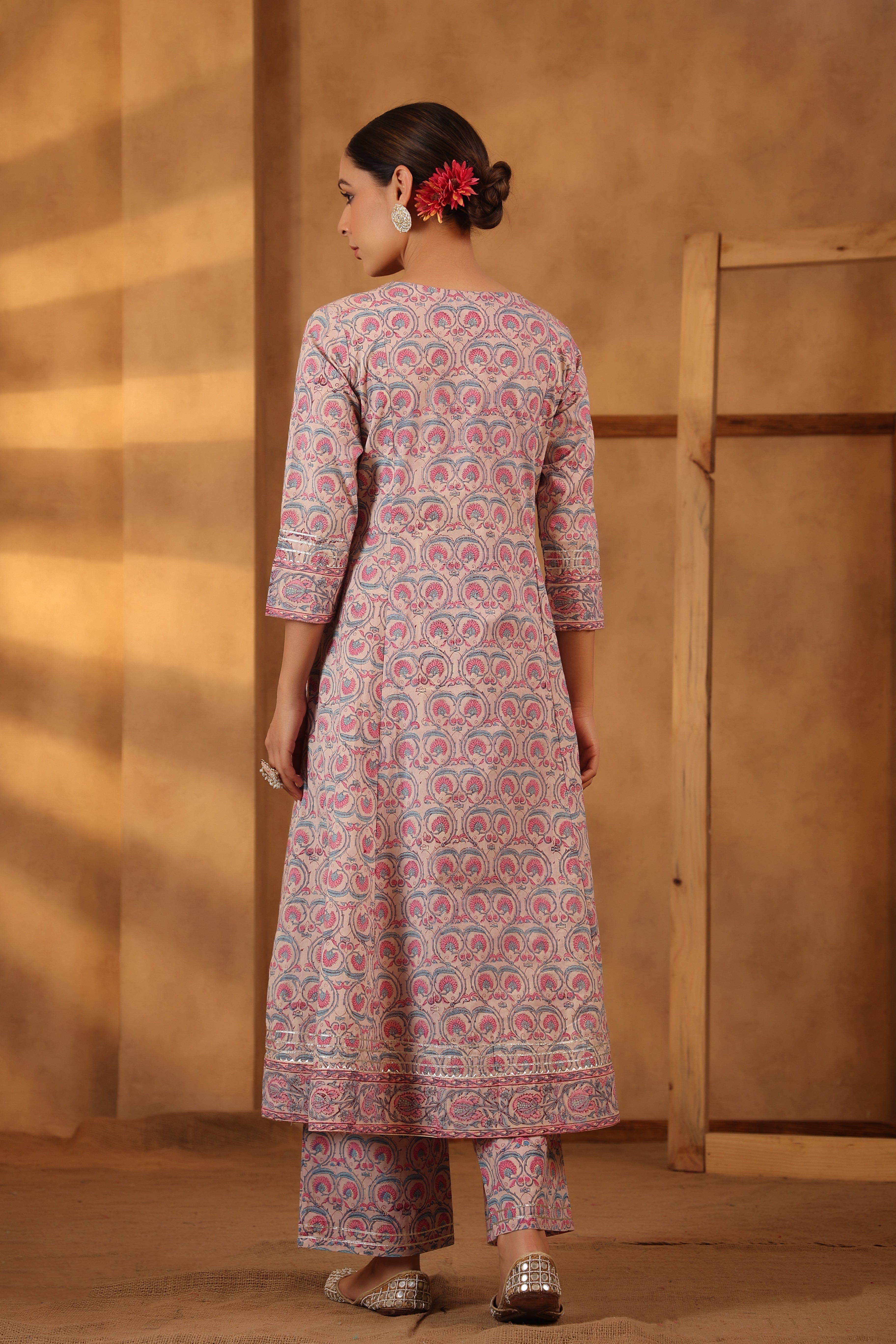 Ballerina Pink Hand block printed Cotton Kurta And Pant