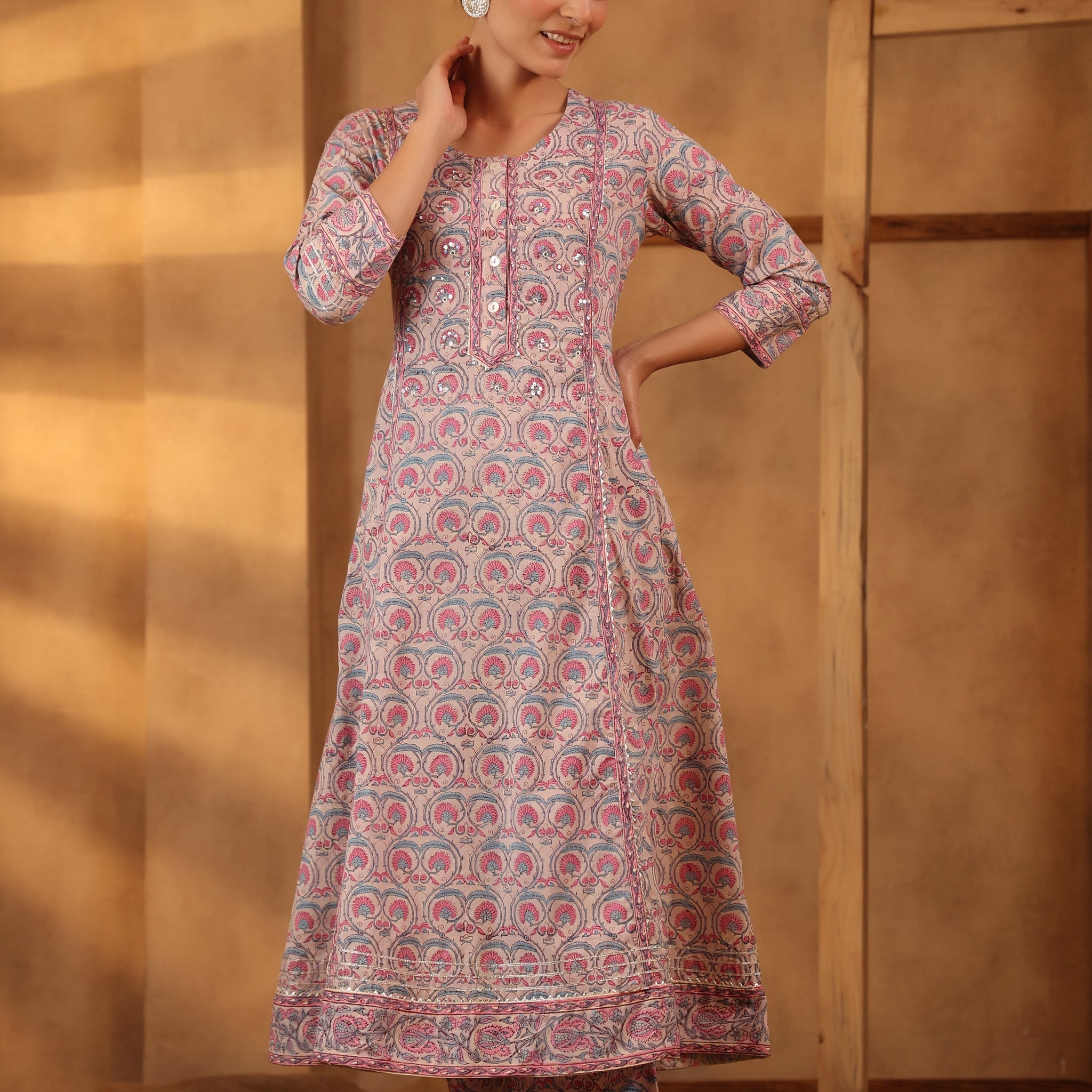 Ballerina Pink Hand block printed Cotton Kurta And Pant