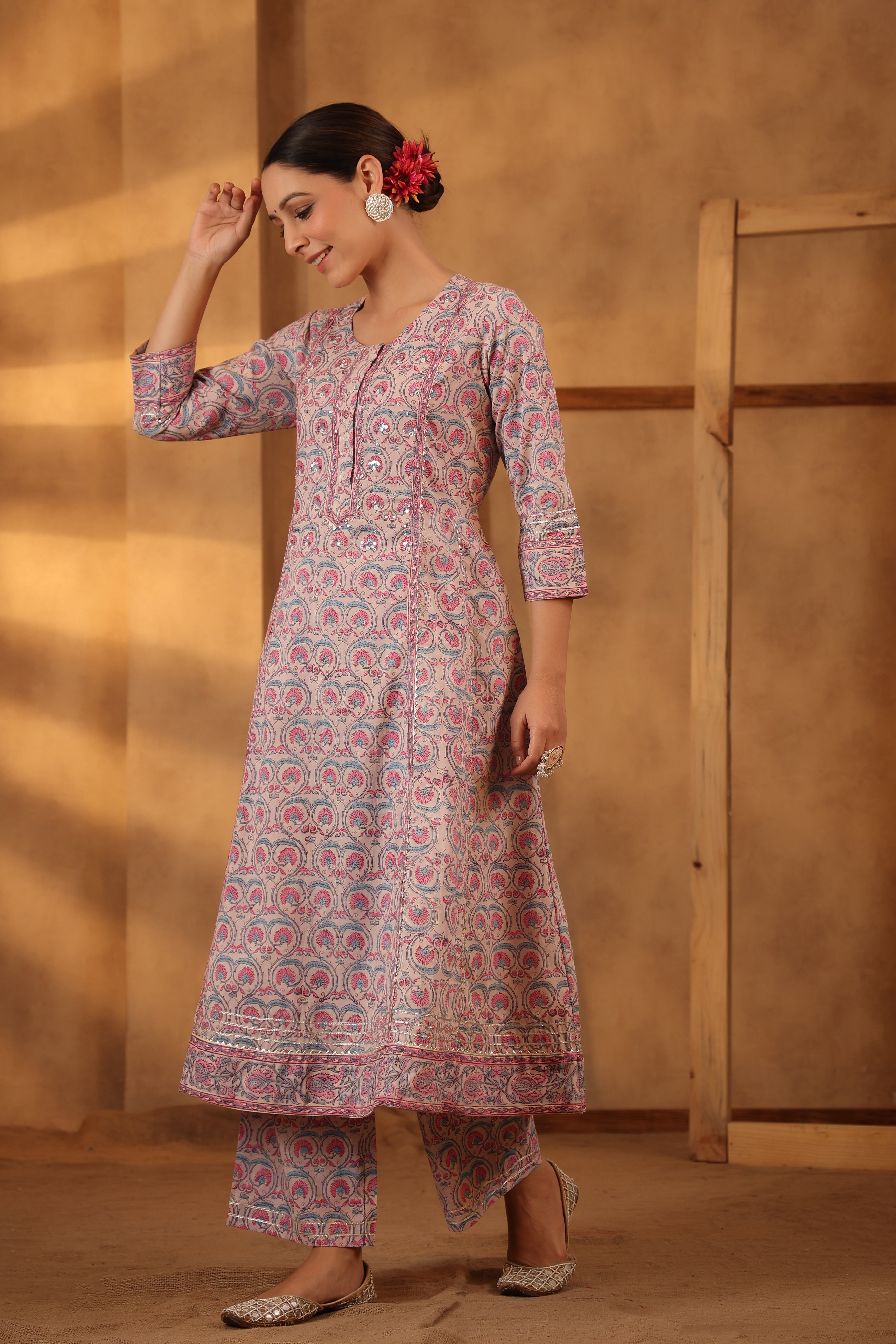 Ballerina Pink Hand block printed Cotton Kurta And Pant