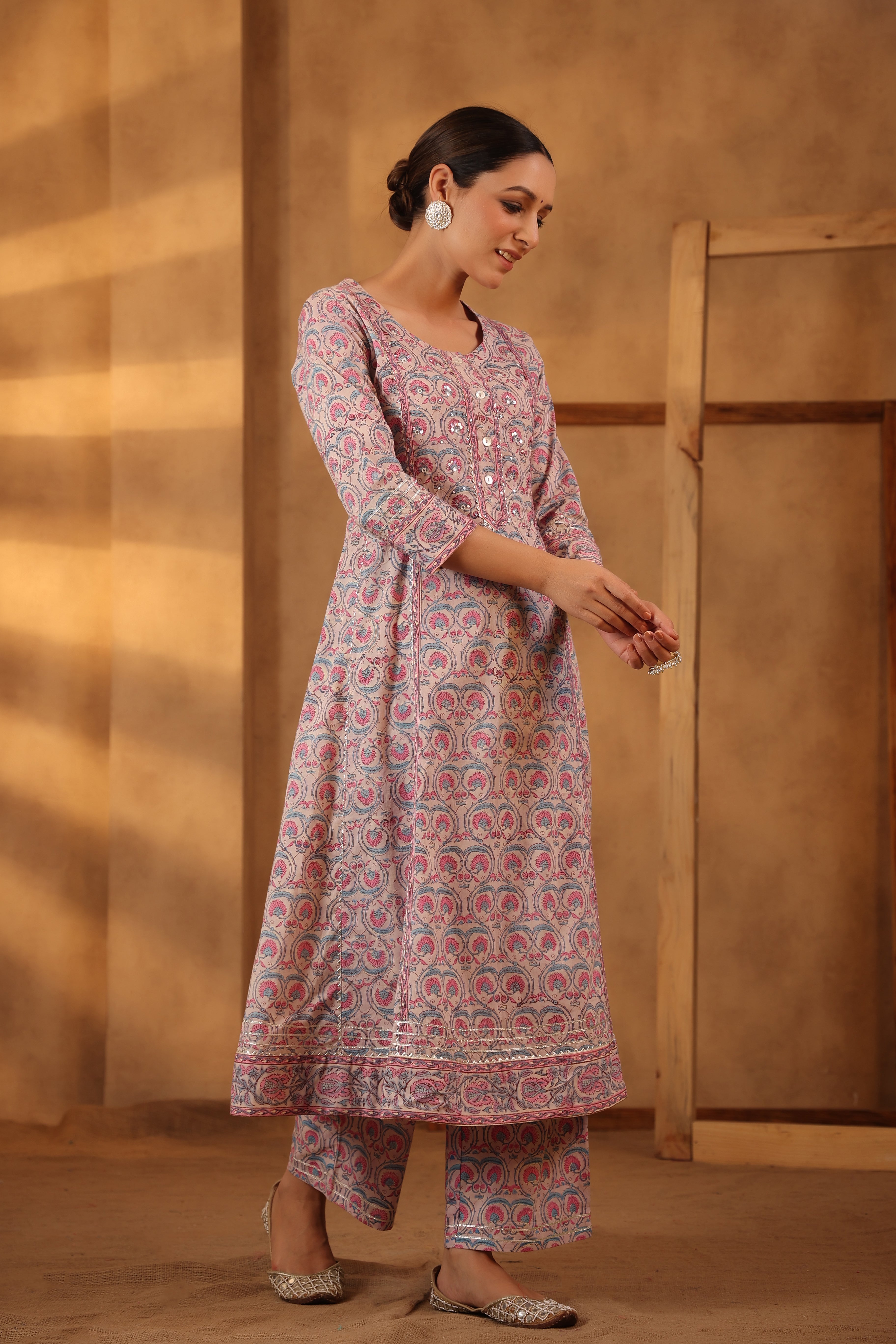Ballerina Pink Hand block printed Cotton Kurta And Pant