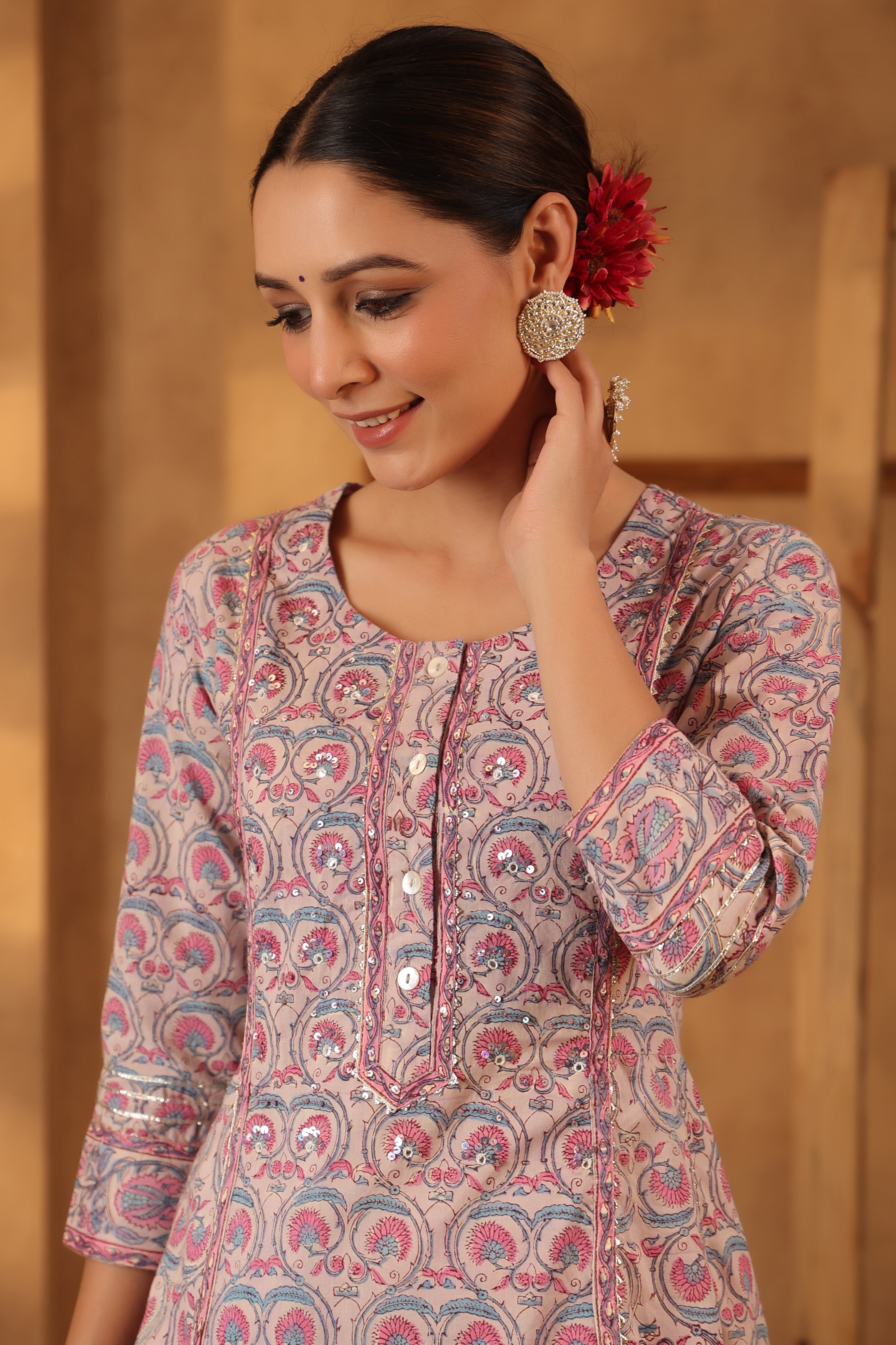 Ballerina Pink Hand block printed Cotton Kurta And Pant