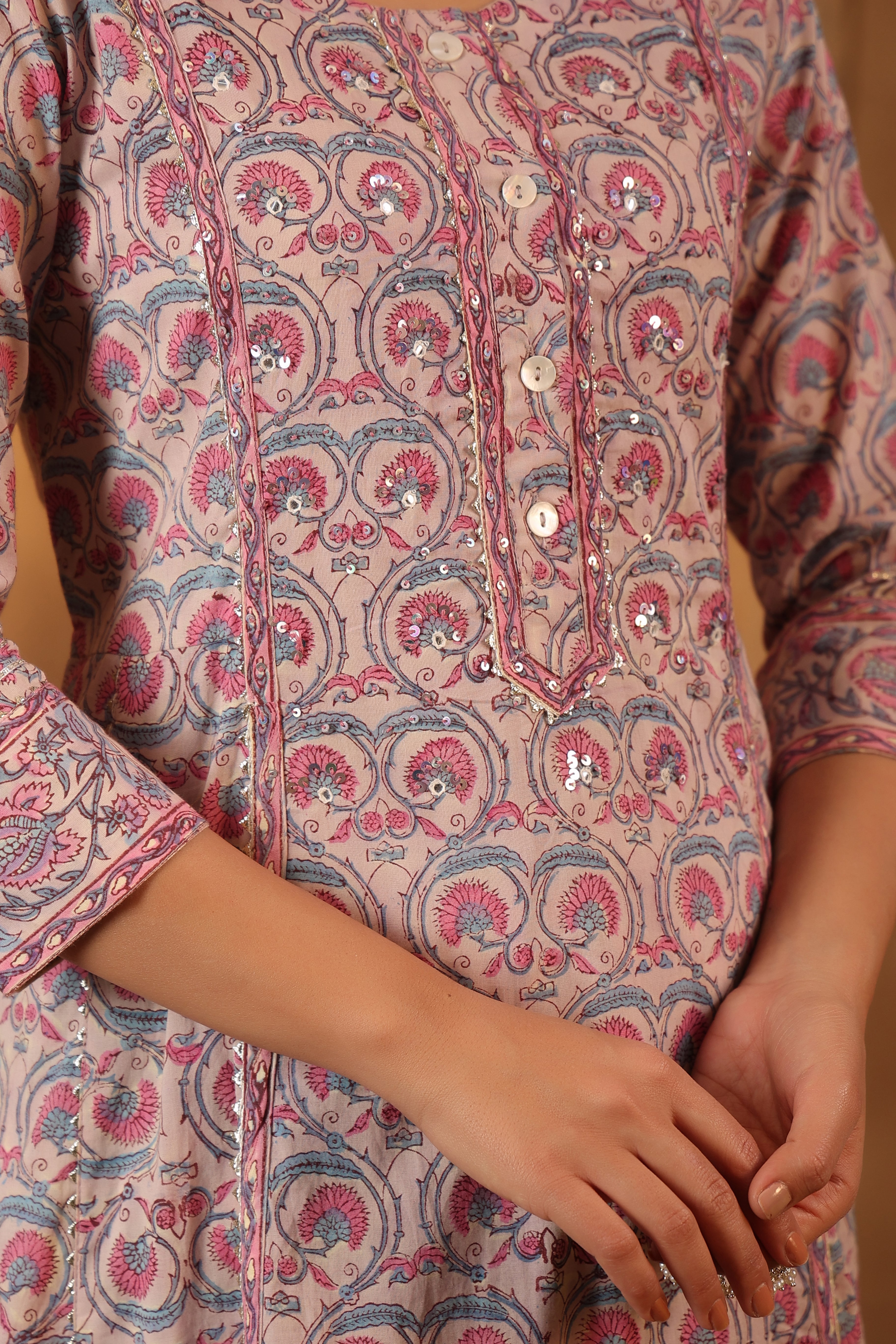 Ballerina Pink Hand block printed Cotton Kurta And Pant