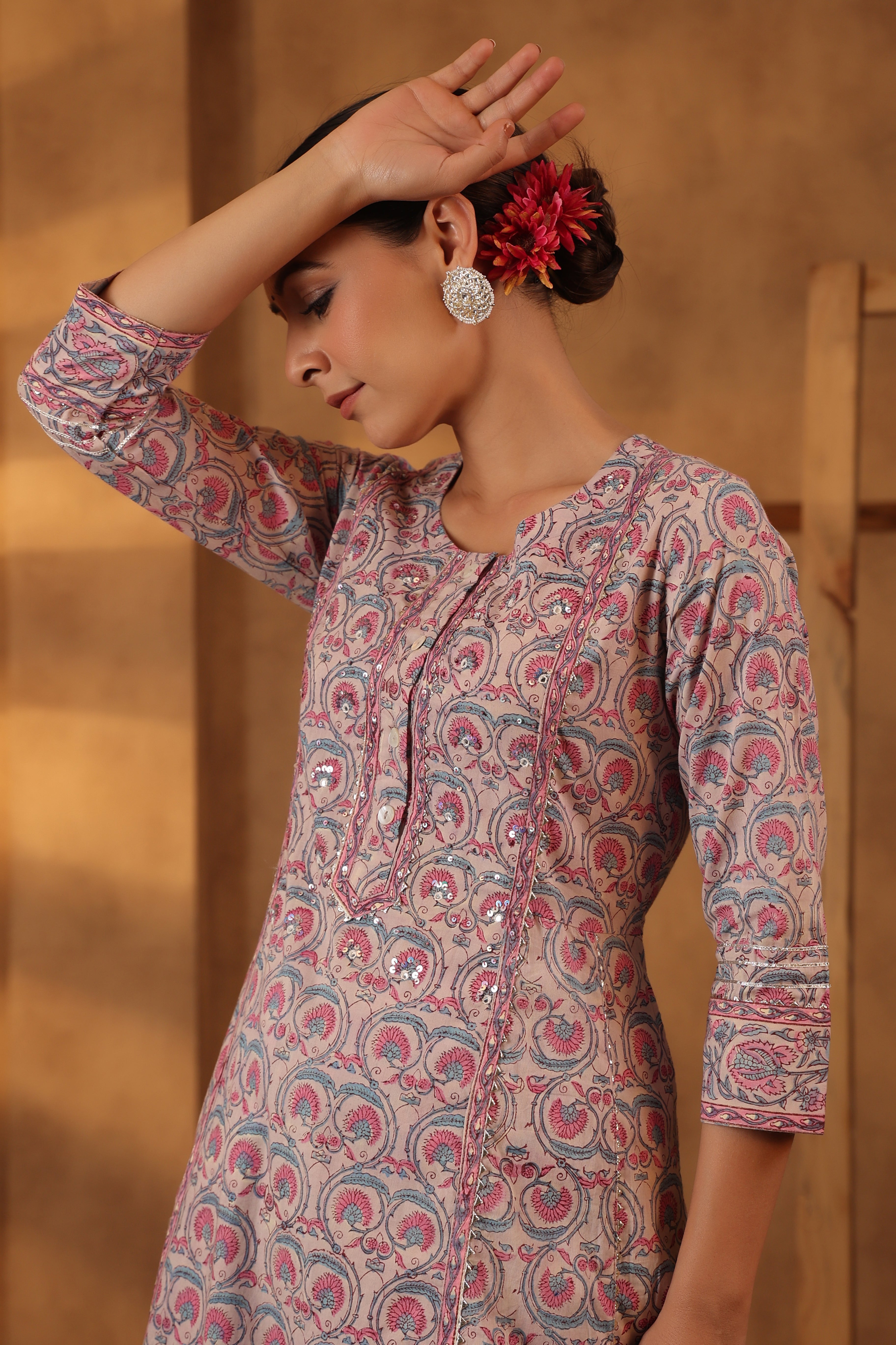 Ballerina Pink Hand block printed Cotton Kurta And Pant