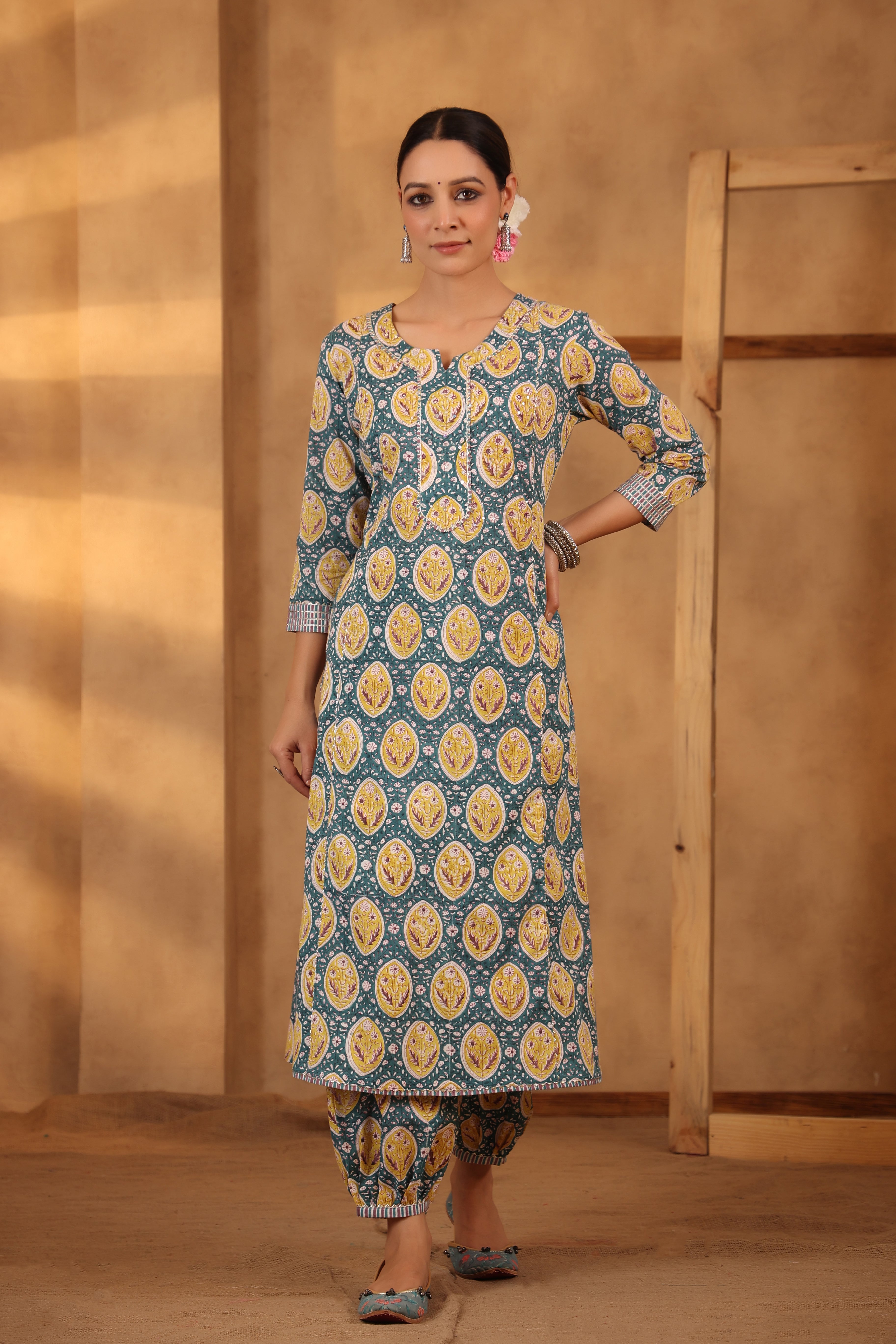 Pine green and lemon yellow kurta pant set