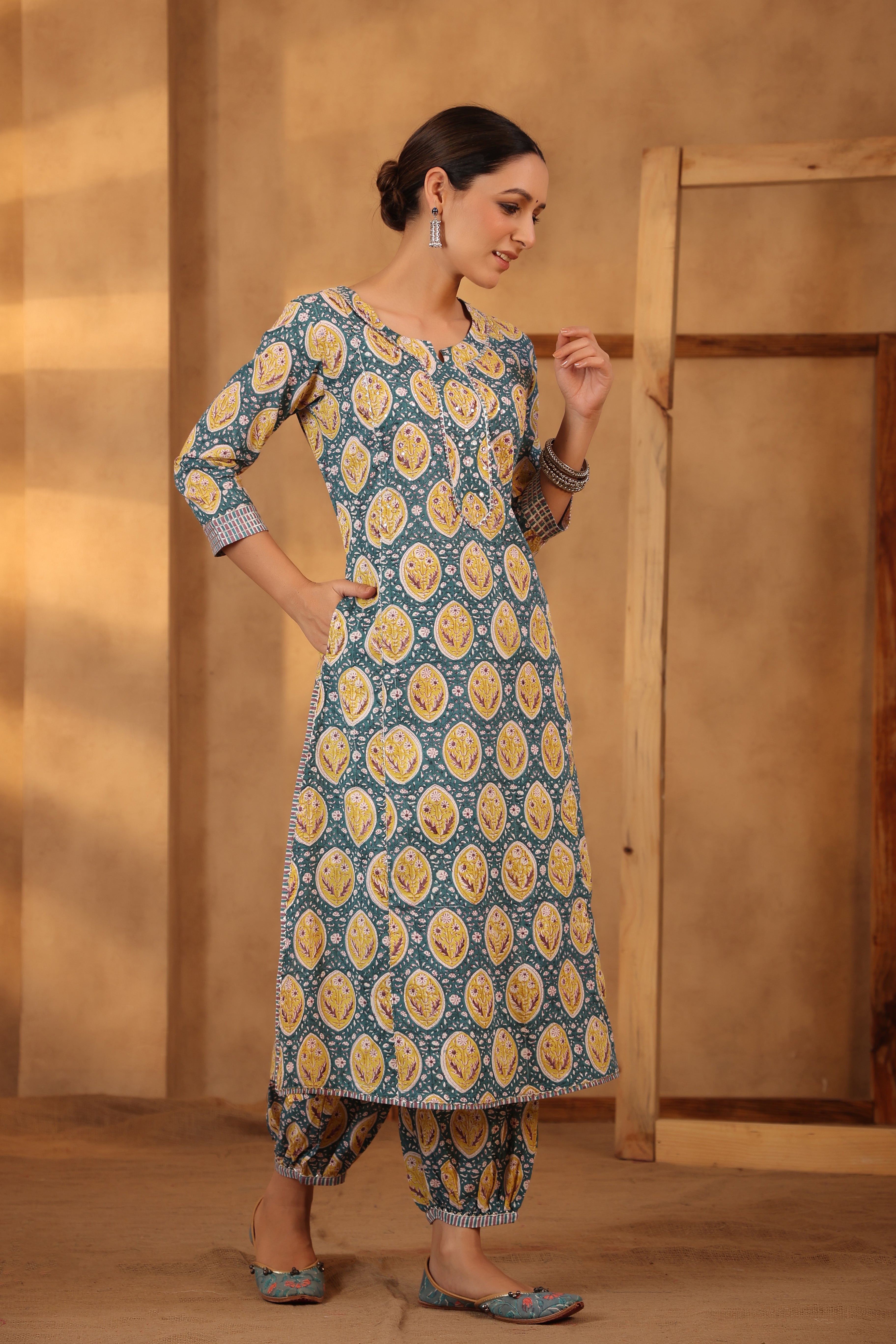 Pine green and lemon yellow kurta pant set