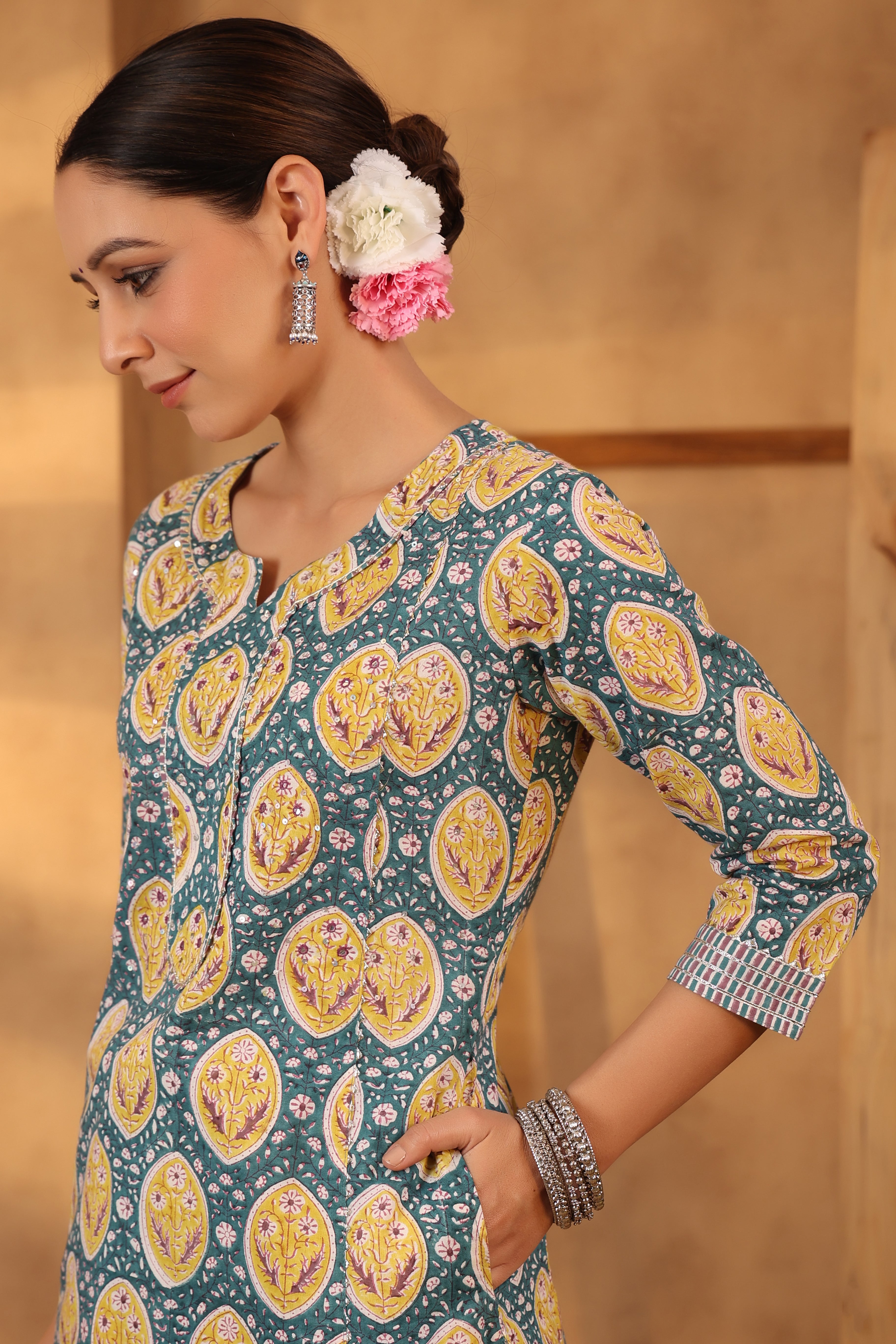 Pine green and lemon yellow kurta pant set