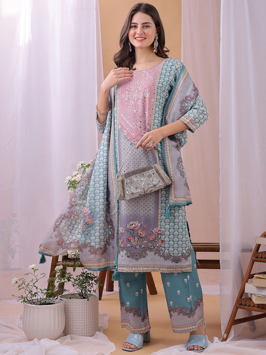 Label Khoj Women's Pink Silk Blend Handwork Kurta with Pant and Pink Dupatta
