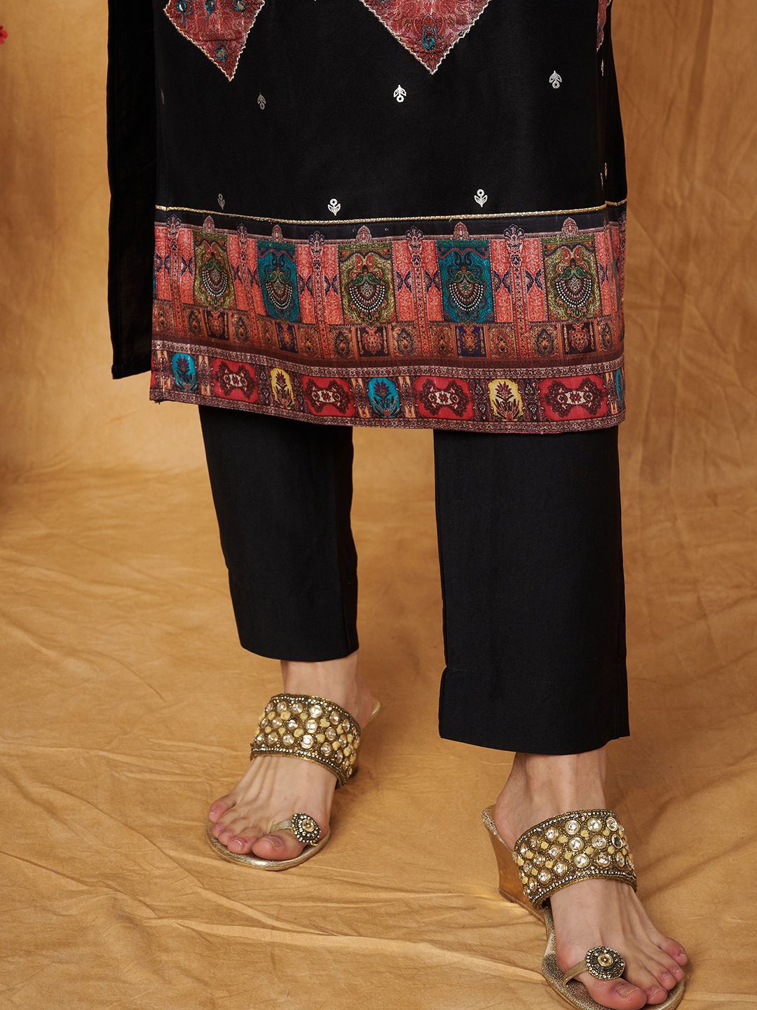 Label Khoj Women's Black Chinon Hand Embroidery Kurta with Pant and Dupatta