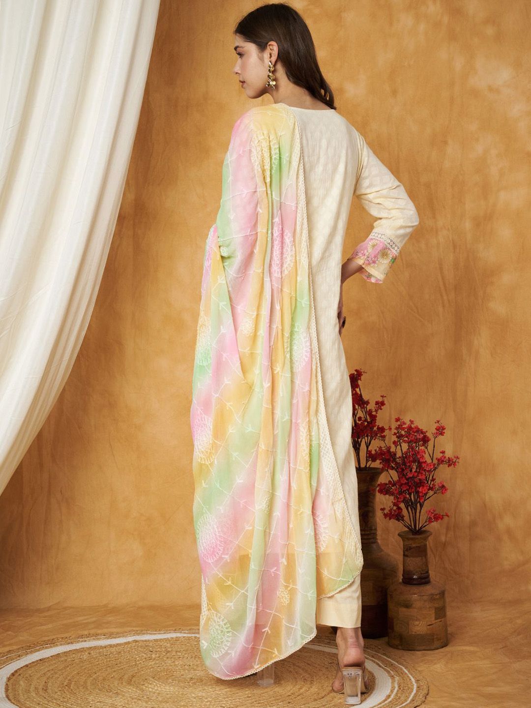 Label Khoj Women's Off White Cotton Jacquard Patch Work Kurta with Pant and Dupatta