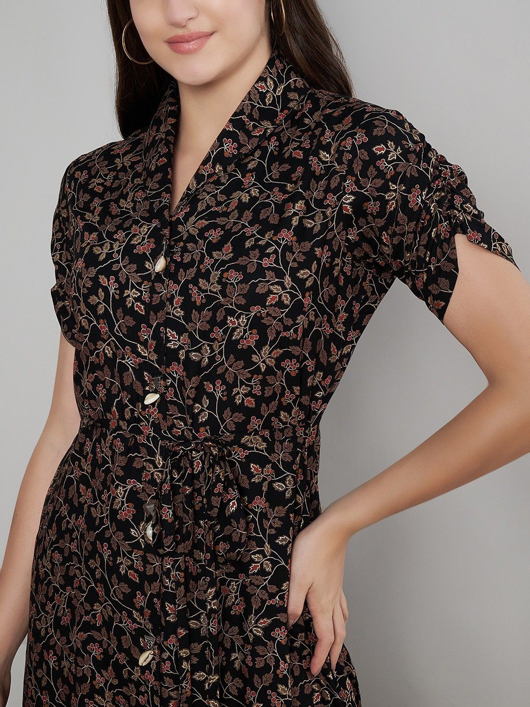 Label Khoj Women's Black Rayon Printed Midi Dress