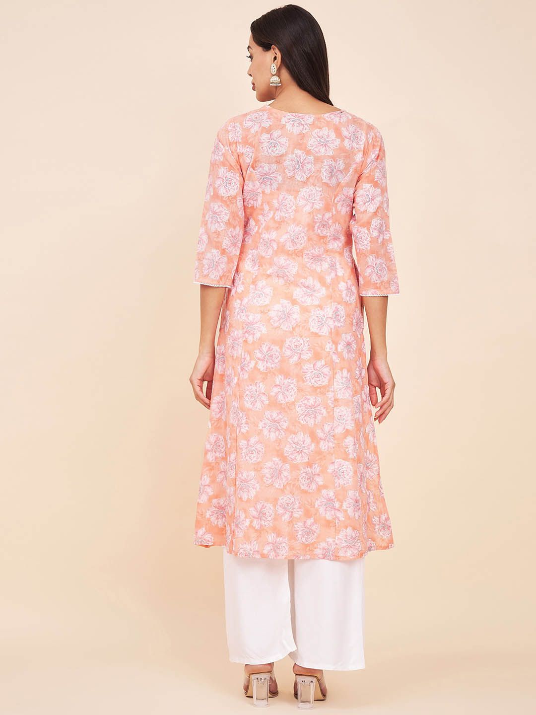 Label Khoj Women Cotton Orange Floral Kurta
