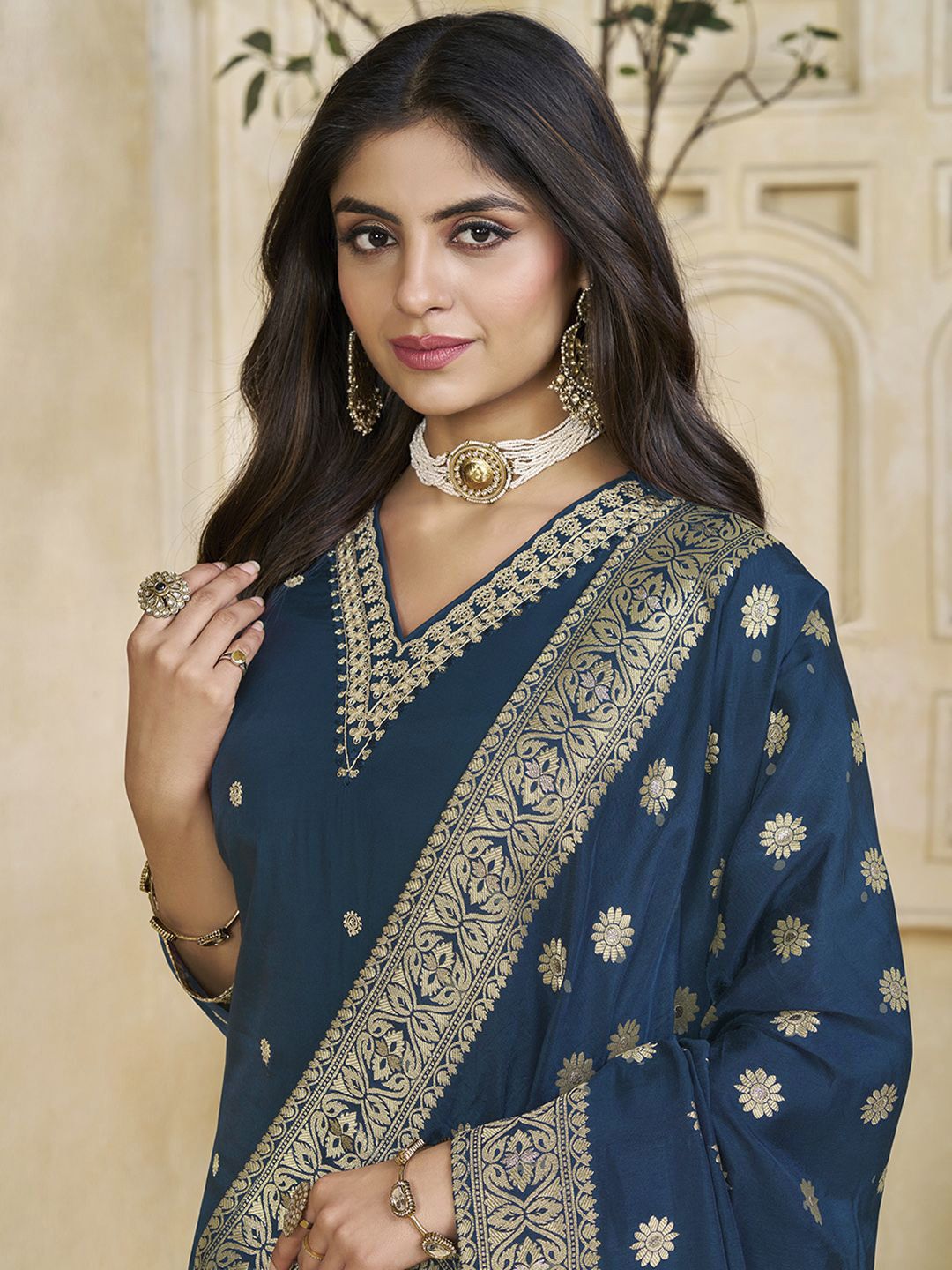 Label Khoj Women Roman Silk Embroidery  Work Blue Color Kurta & Bottom With Dupatta  Set
