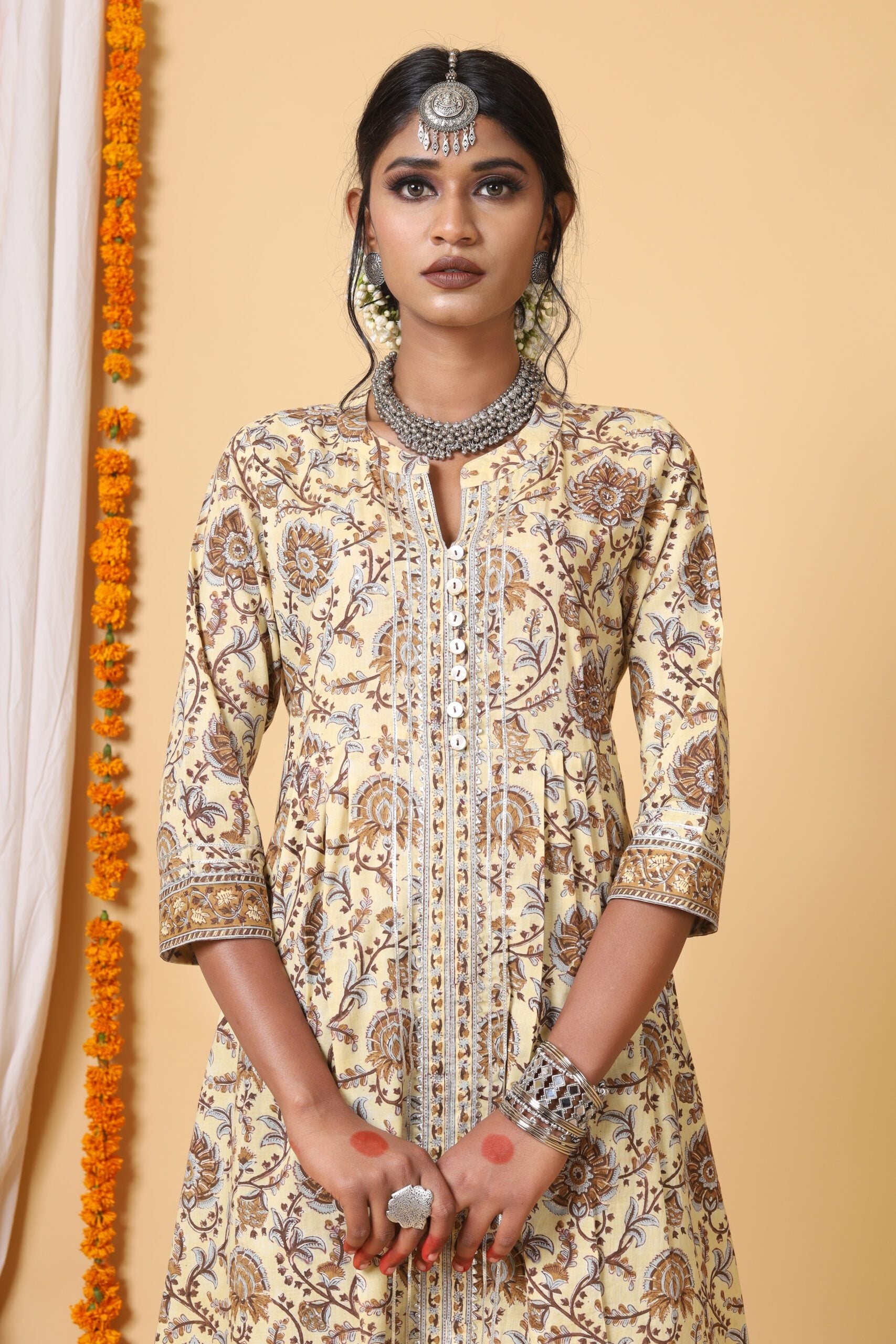 Beige and Brown Aline Handblock printed Kurta