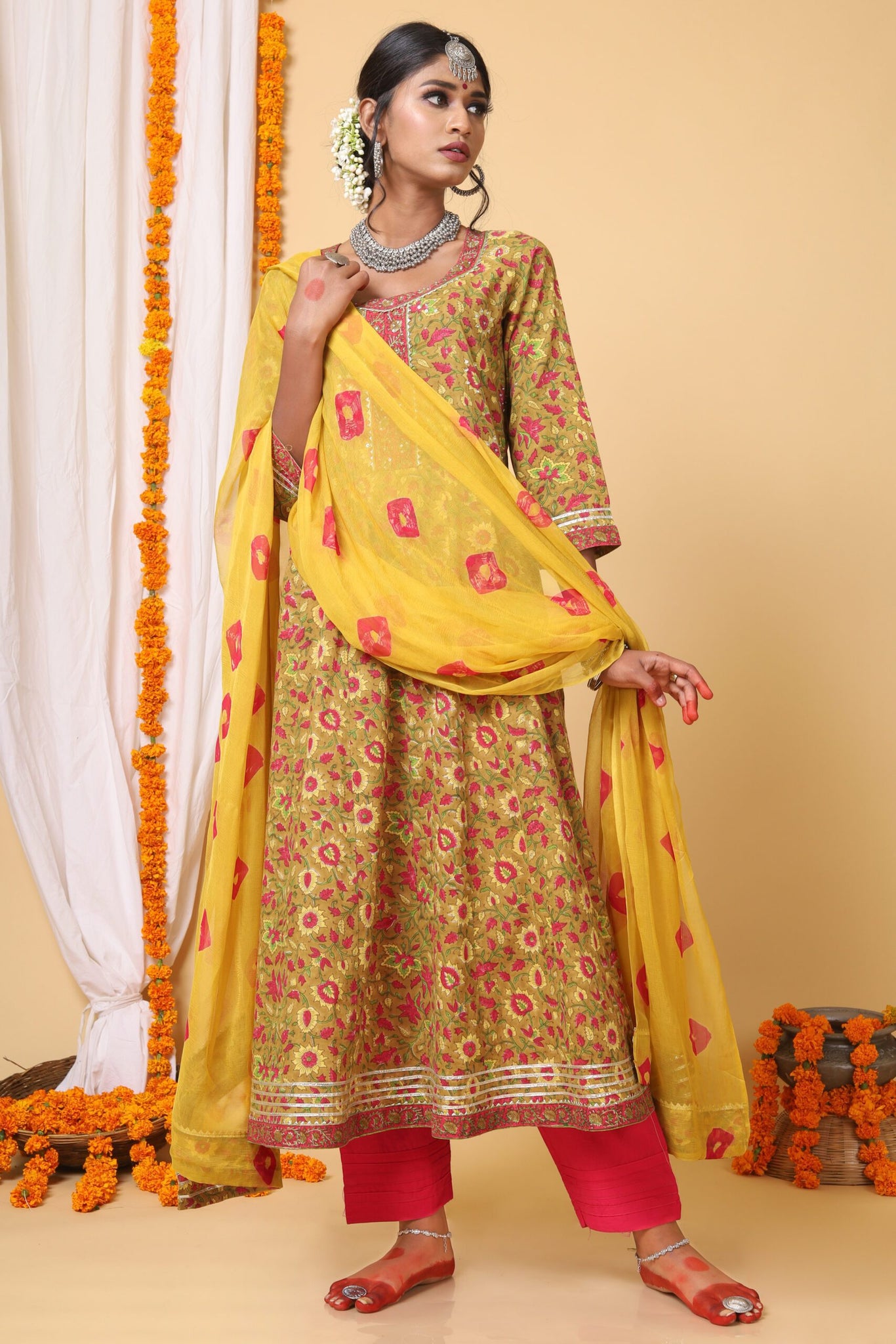 Mustard and Yellow Handblock Printed Anarkali With Bhandej Duppatta