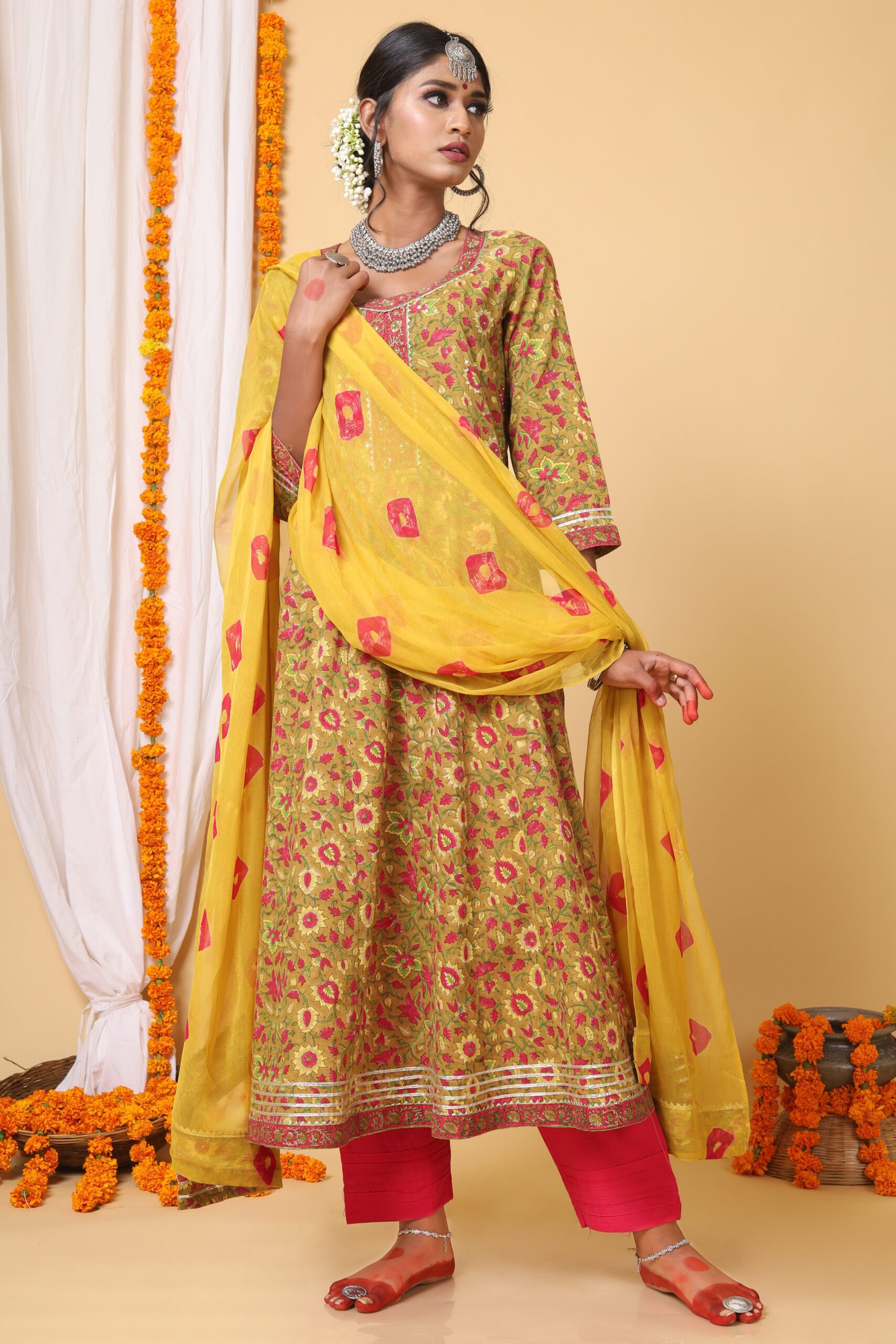 Mustard and Yellow Handblock Printed Anarkali With Bhandej Duppatta