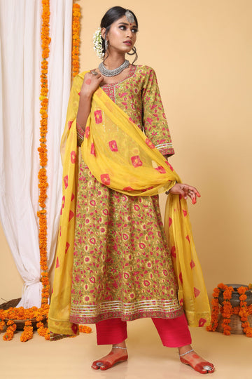 Mustard and Yellow Handblock Printed Anarkali With Bhandej Duppatta